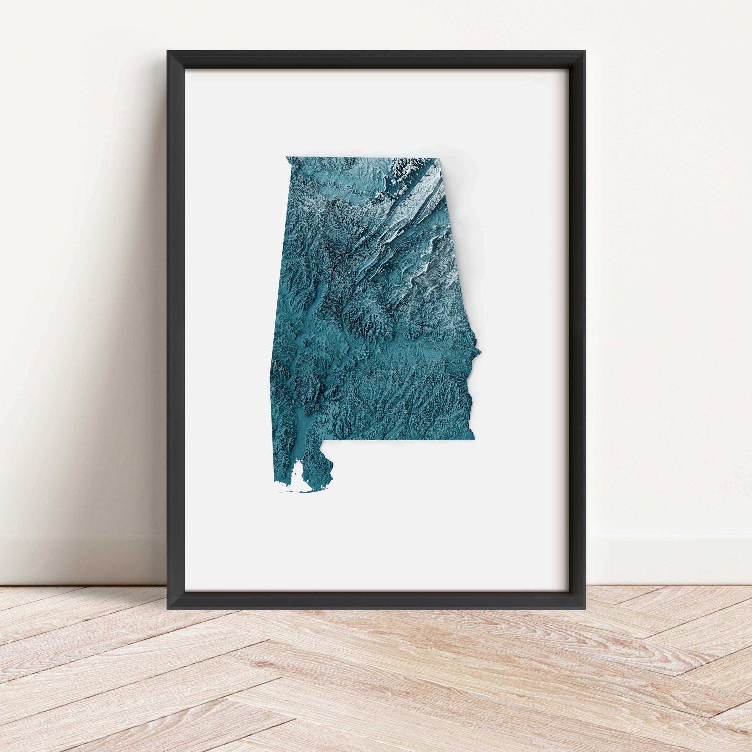 Framed minimalist elevation map of Alabama. Minimalist topographic map art featuring detailed topography, available as premium poster for home or office decor.