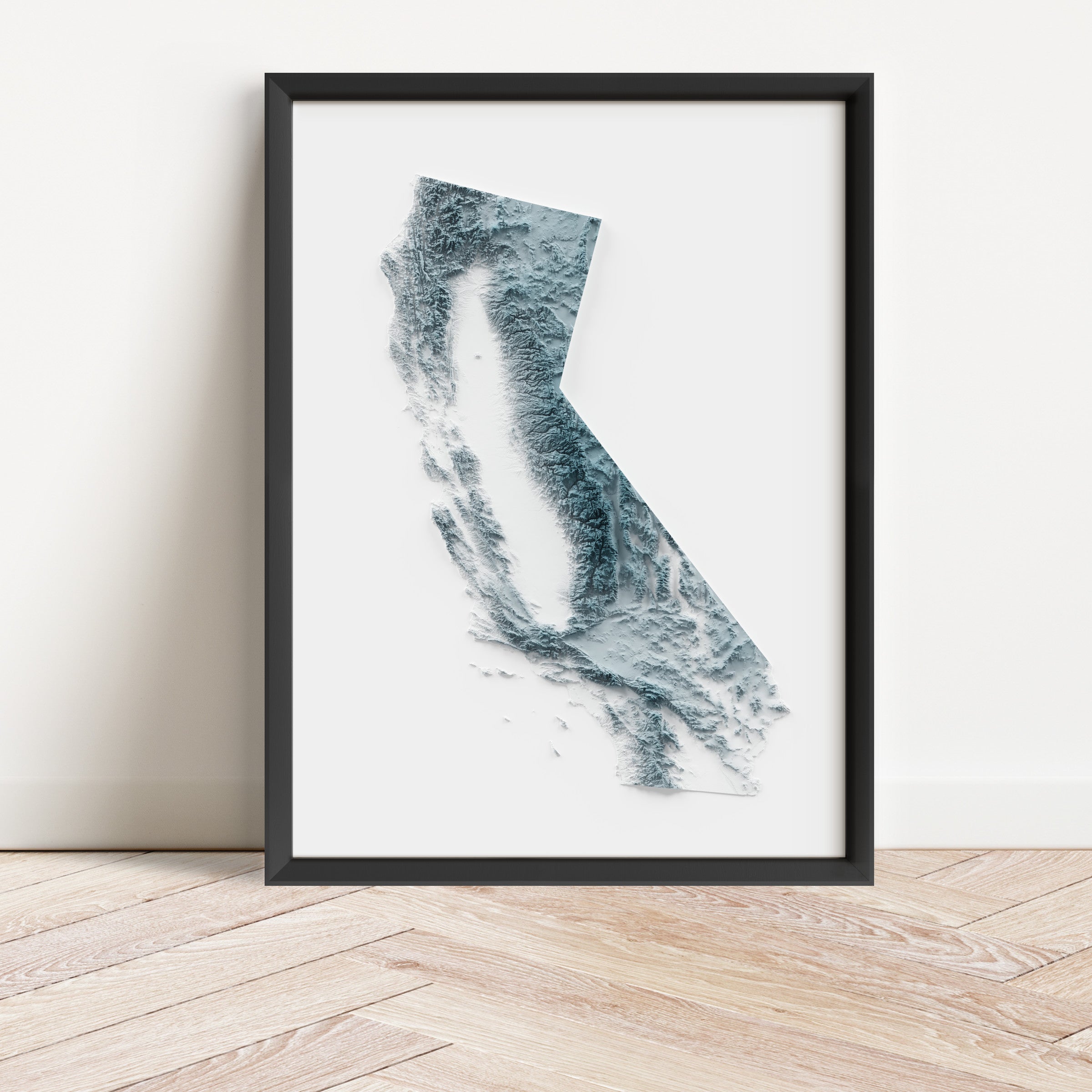 Framed minimalist elevation map of California. Minimalist topographic map art featuring detailed topography, available as premium poster for home or office decor.