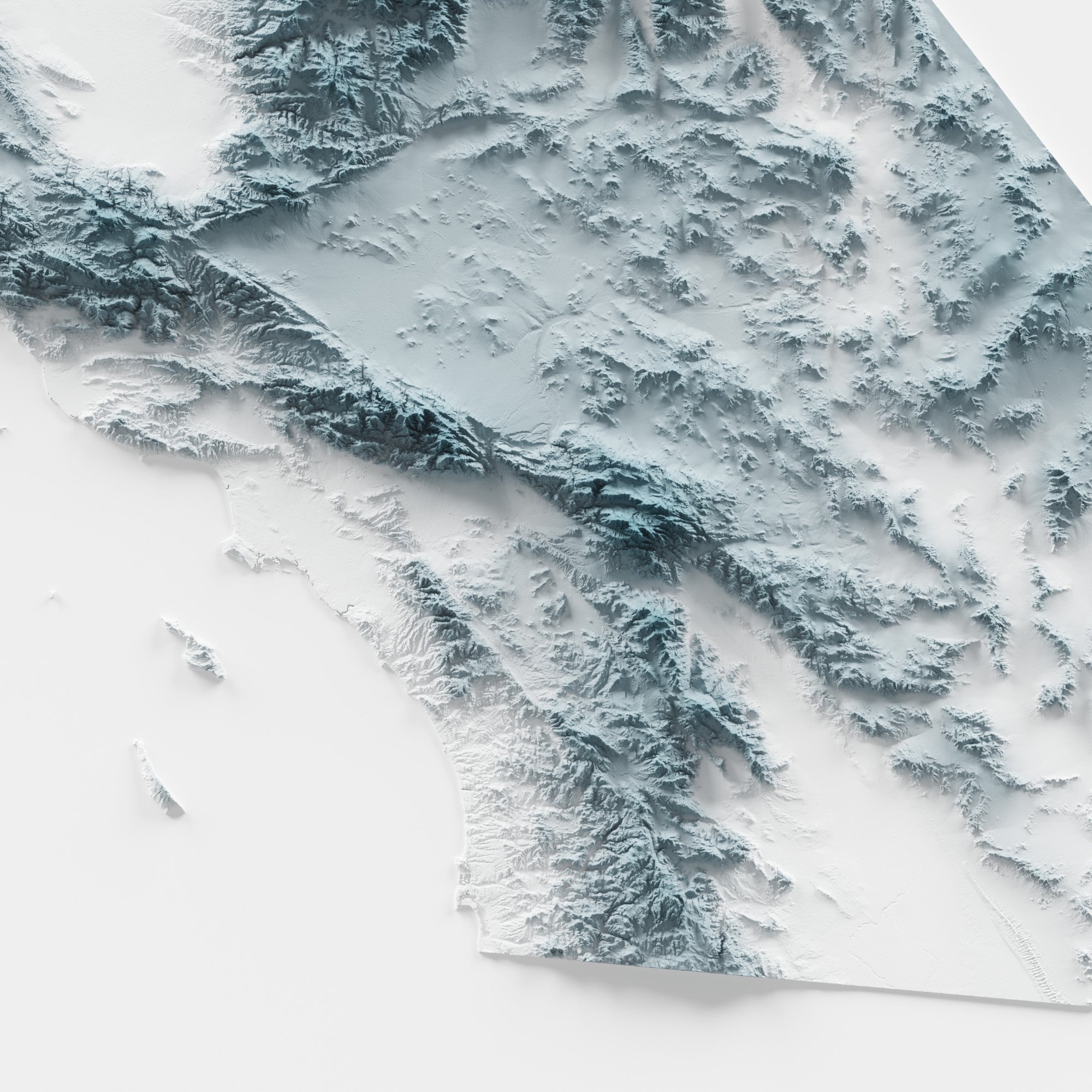 Close-up of minimalist topographic map poster of the US State of California
