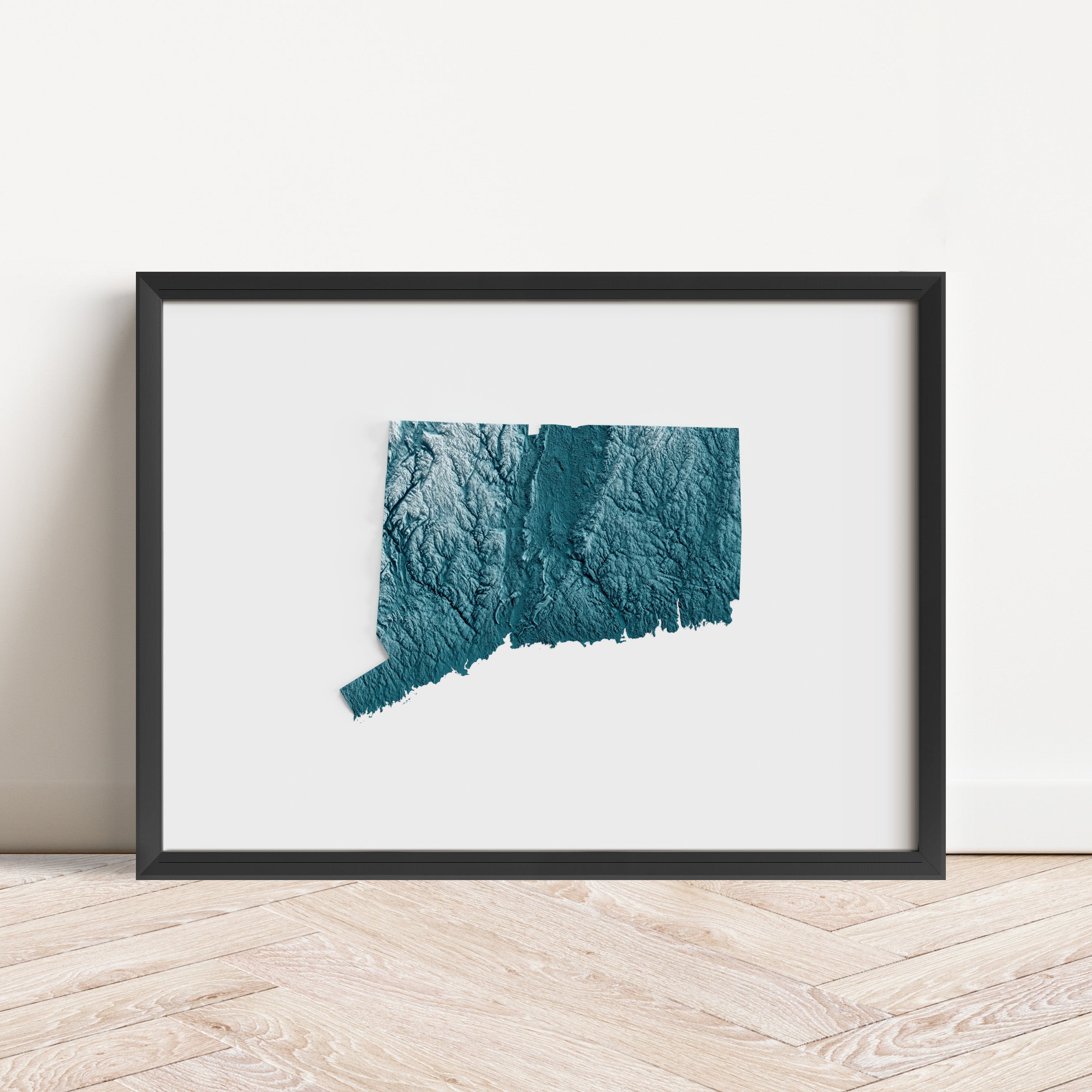 Framed minimalist elevation map of Connecticut. Minimalist topographic map art featuring detailed topography, available as premium poster for home or office decor.