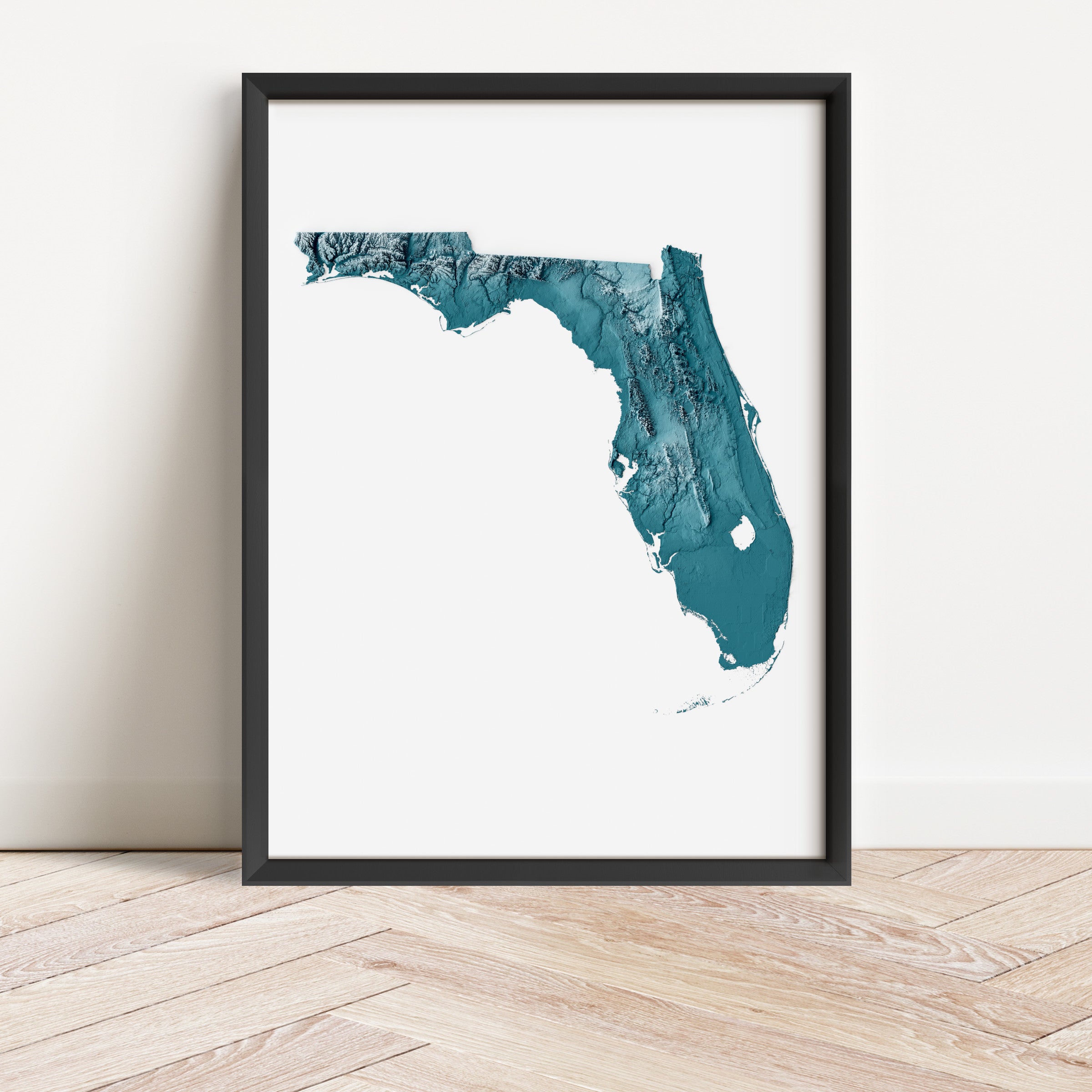 Framed minimalist elevation map of Florida. Minimalist topographic map art featuring detailed topography, available as premium poster for home or office decor.