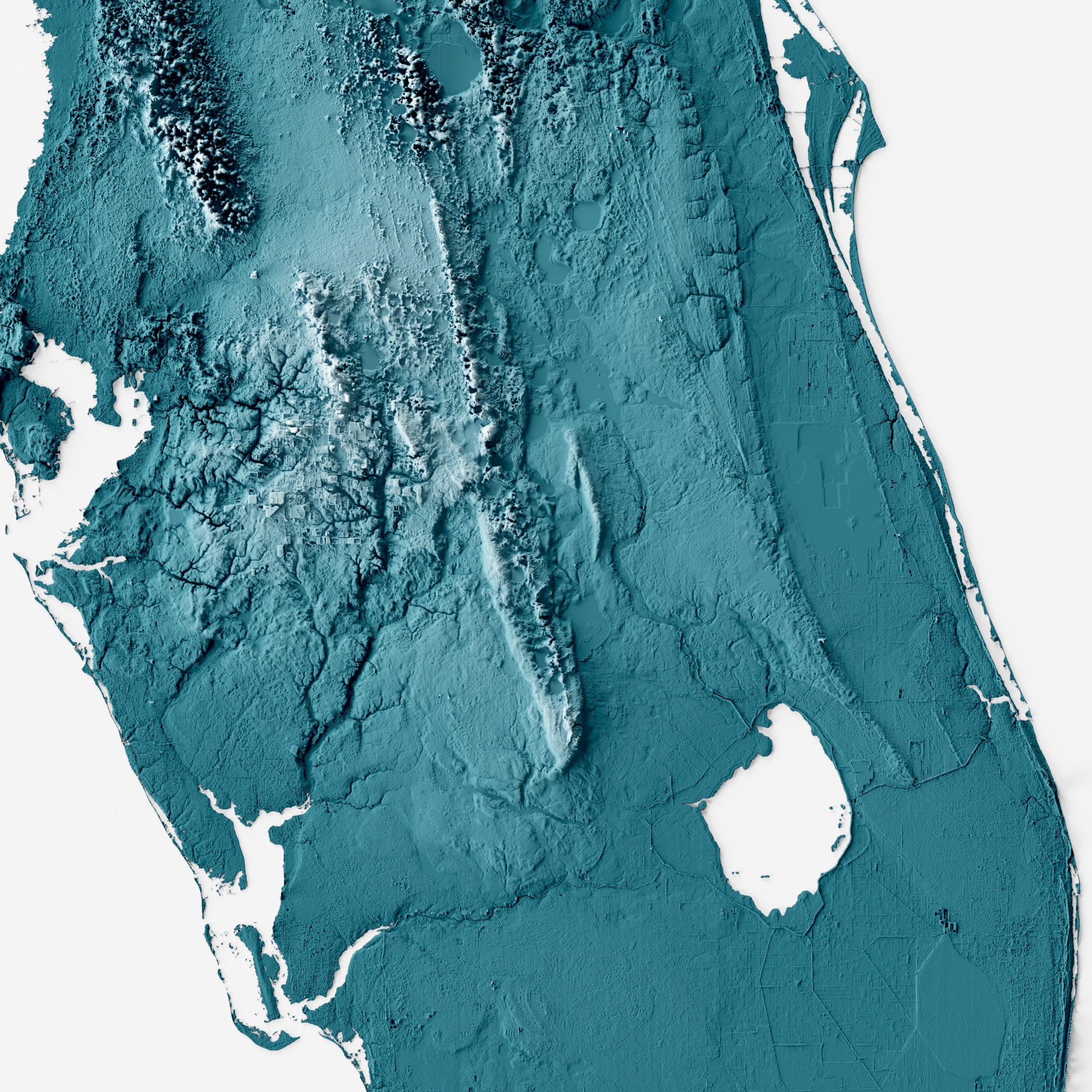 Topographic map of Florida with a focus on the central and southern regions.