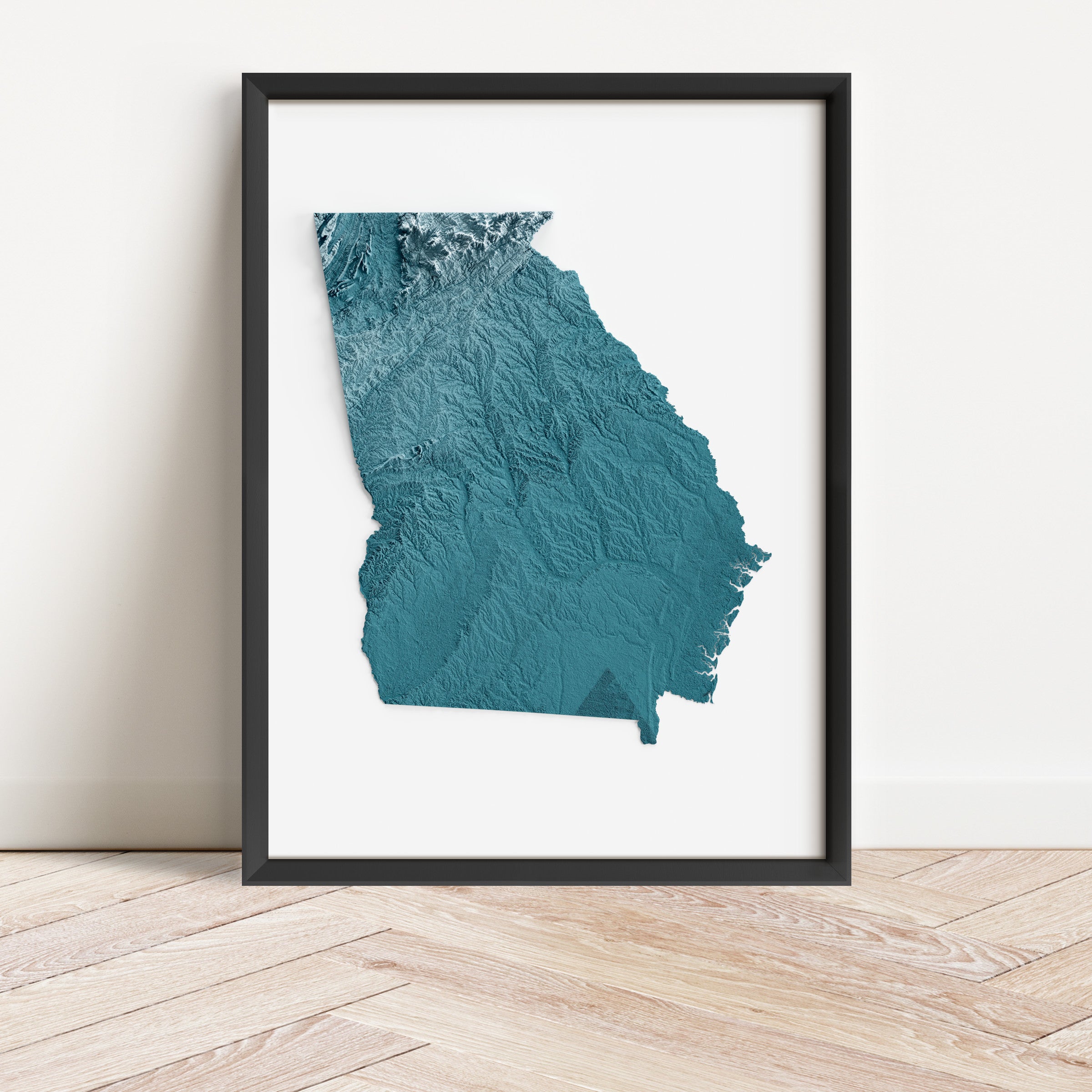 Framed minimalist elevation map of Georgia. Minimalist topographic map art featuring detailed topography, available as premium poster for home or office decor.