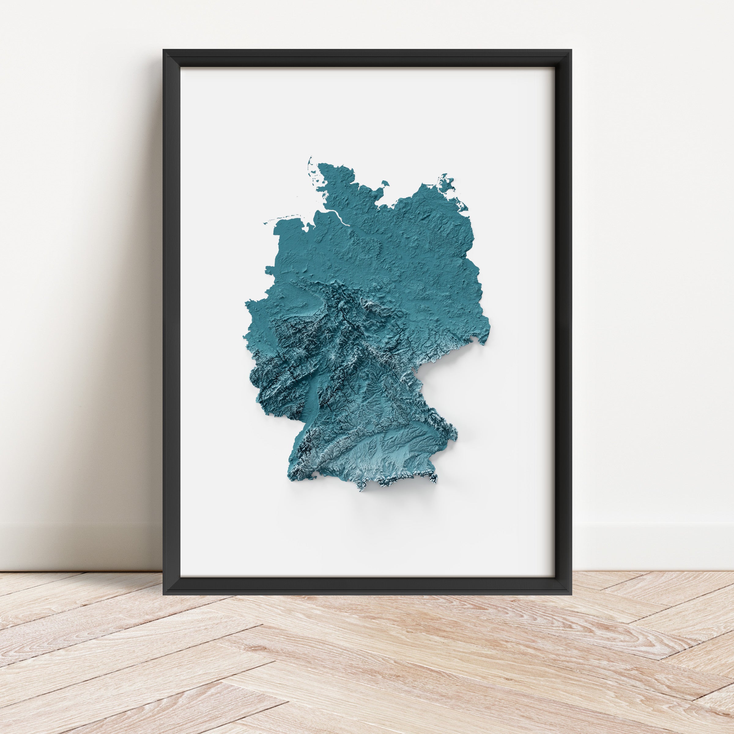 Framed minimalist elevation map of the country of Germany. Minimalist topographic map art featuring detailed topography, available as premium poster for home or office decor.
