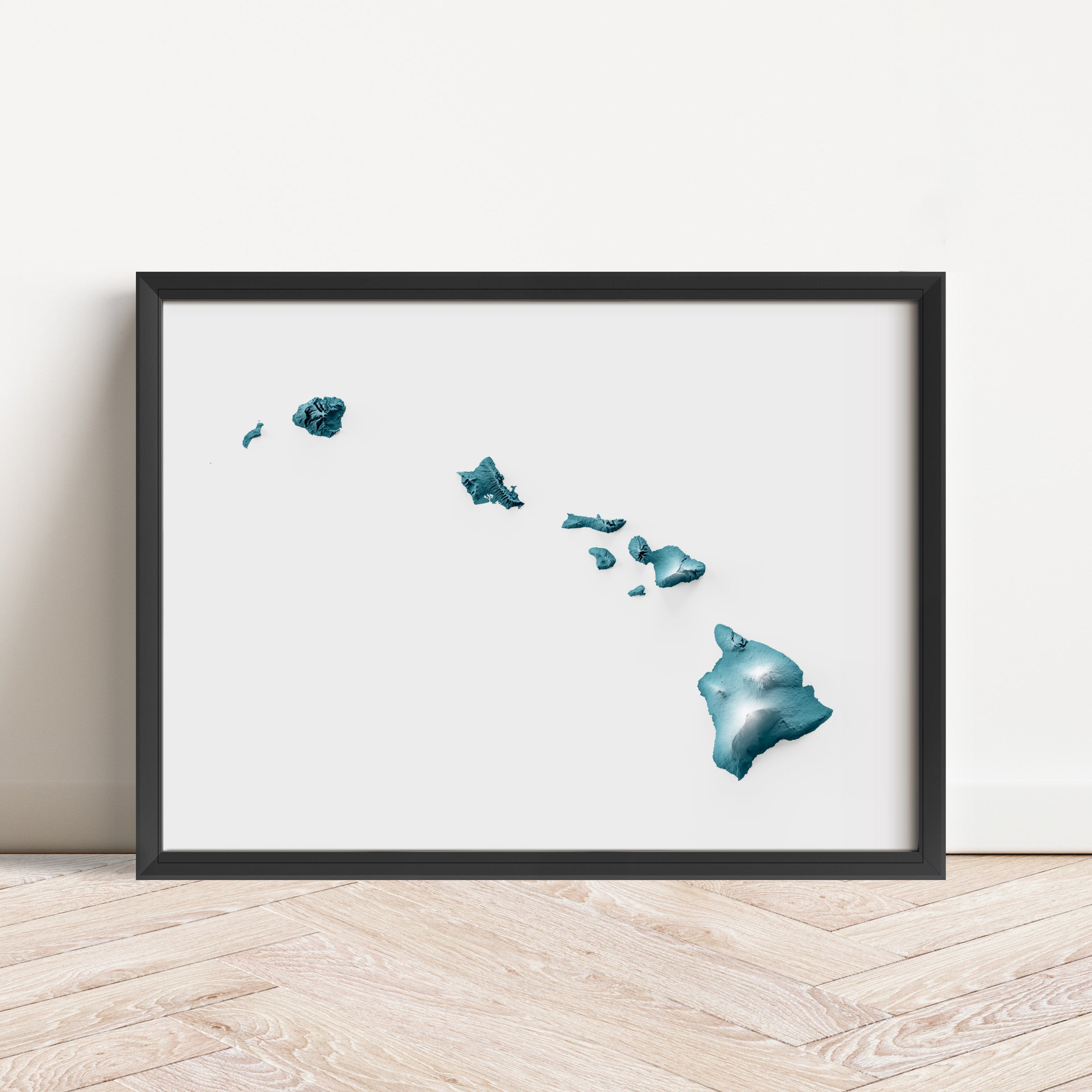 Framed minimalist elevation map of Hawaii. Minimalist topographic map art featuring detailed topography, available as premium poster for home or office decor.