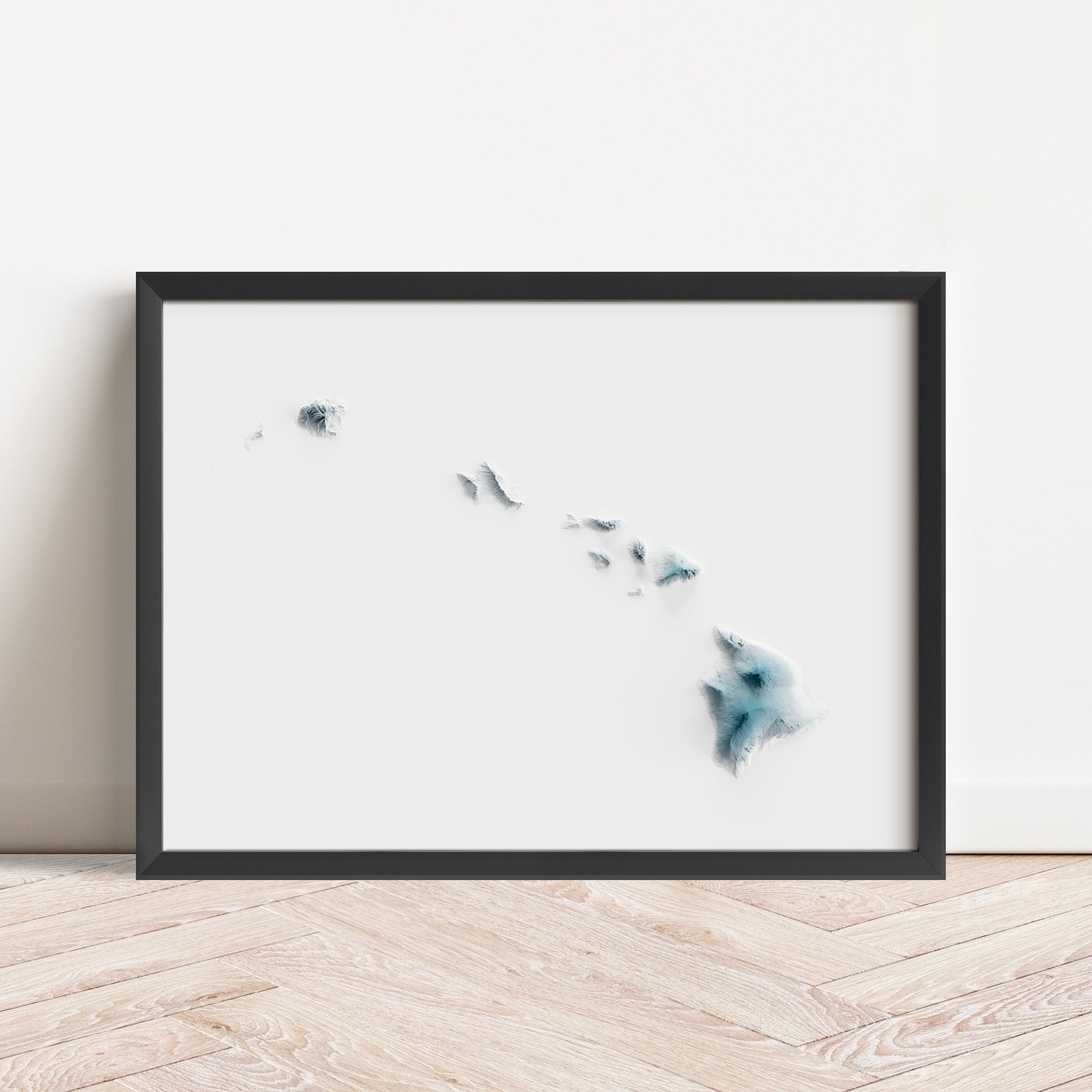 Framed minimalist elevation map of Hawaii. Minimalist topographic map art featuring detailed topography, available as premium poster for home or office decor.