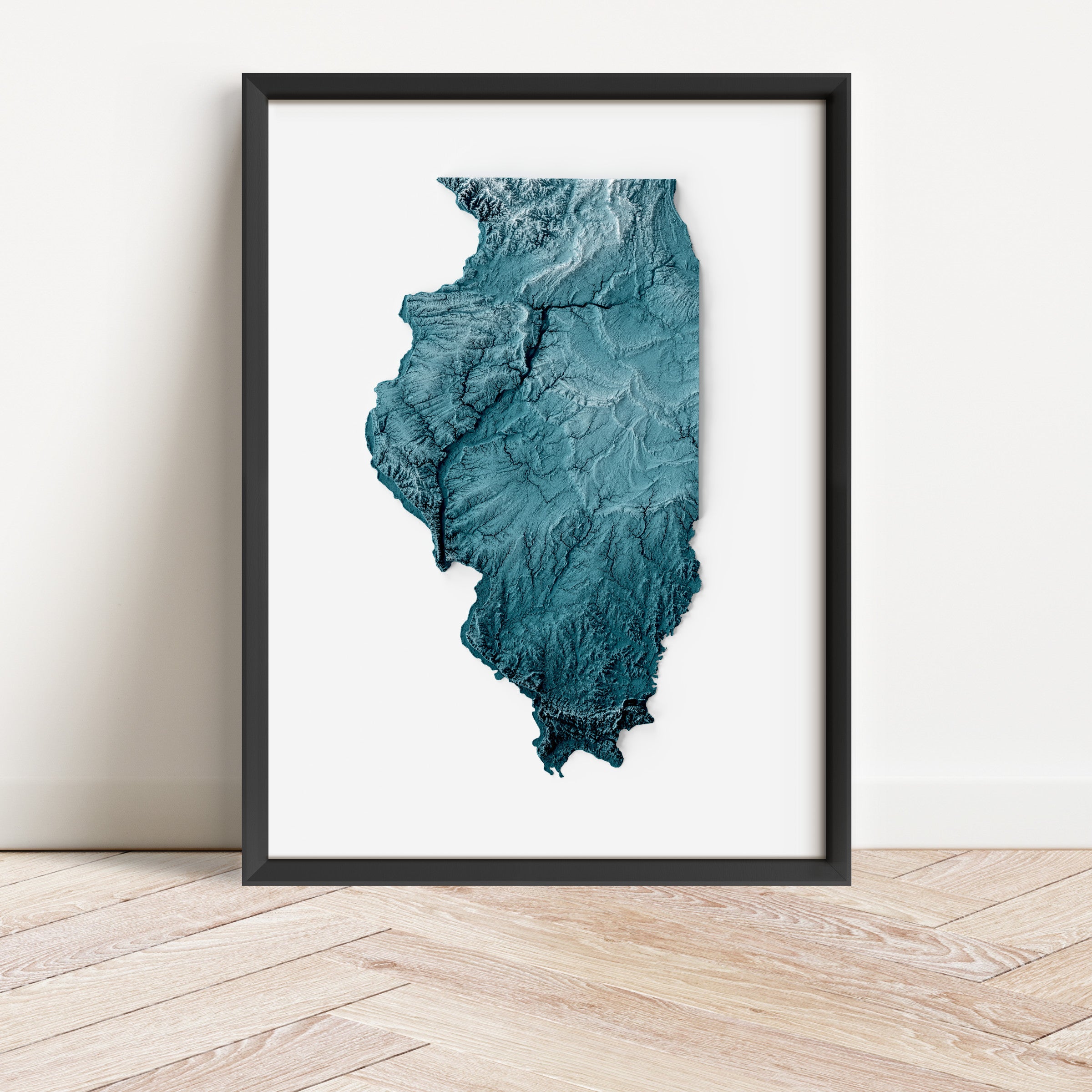 Framed minimalist elevation map of Illinois. Minimalist topographic map art featuring detailed topography, available as premium poster for home or office decor.