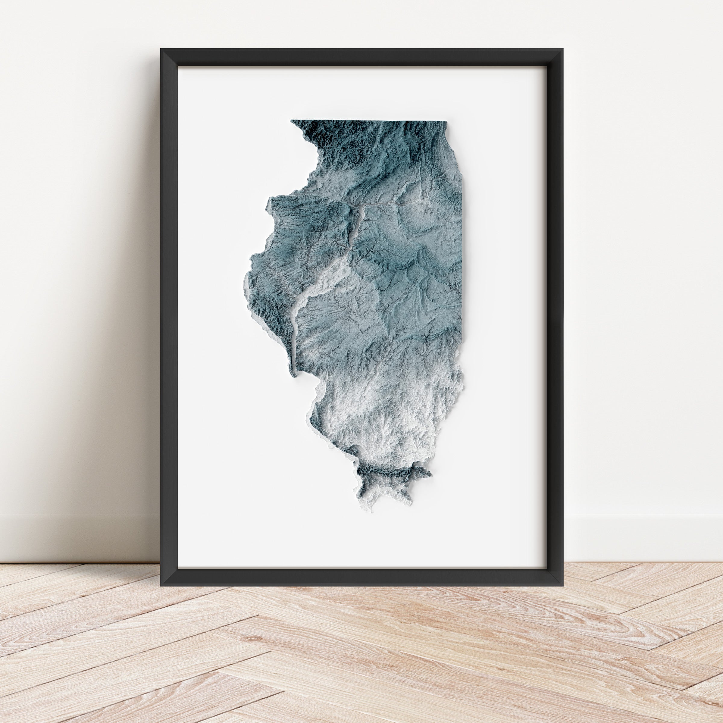 Framed minimalist elevation map of Illinois. Minimalist topographic map art featuring detailed topography, available as premium poster for home or office decor.