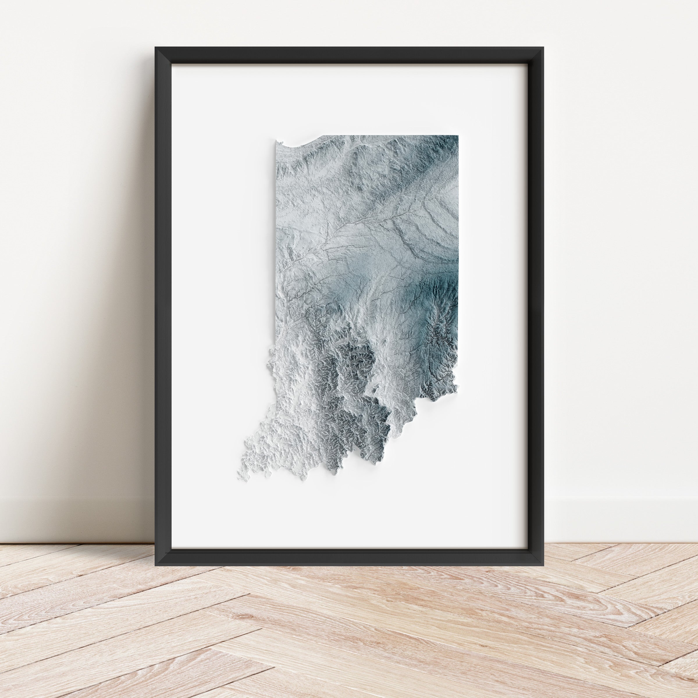 Framed minimalist elevation map of Indiana. Minimalist topographic map art featuring detailed topography, available as premium poster for home or office decor.