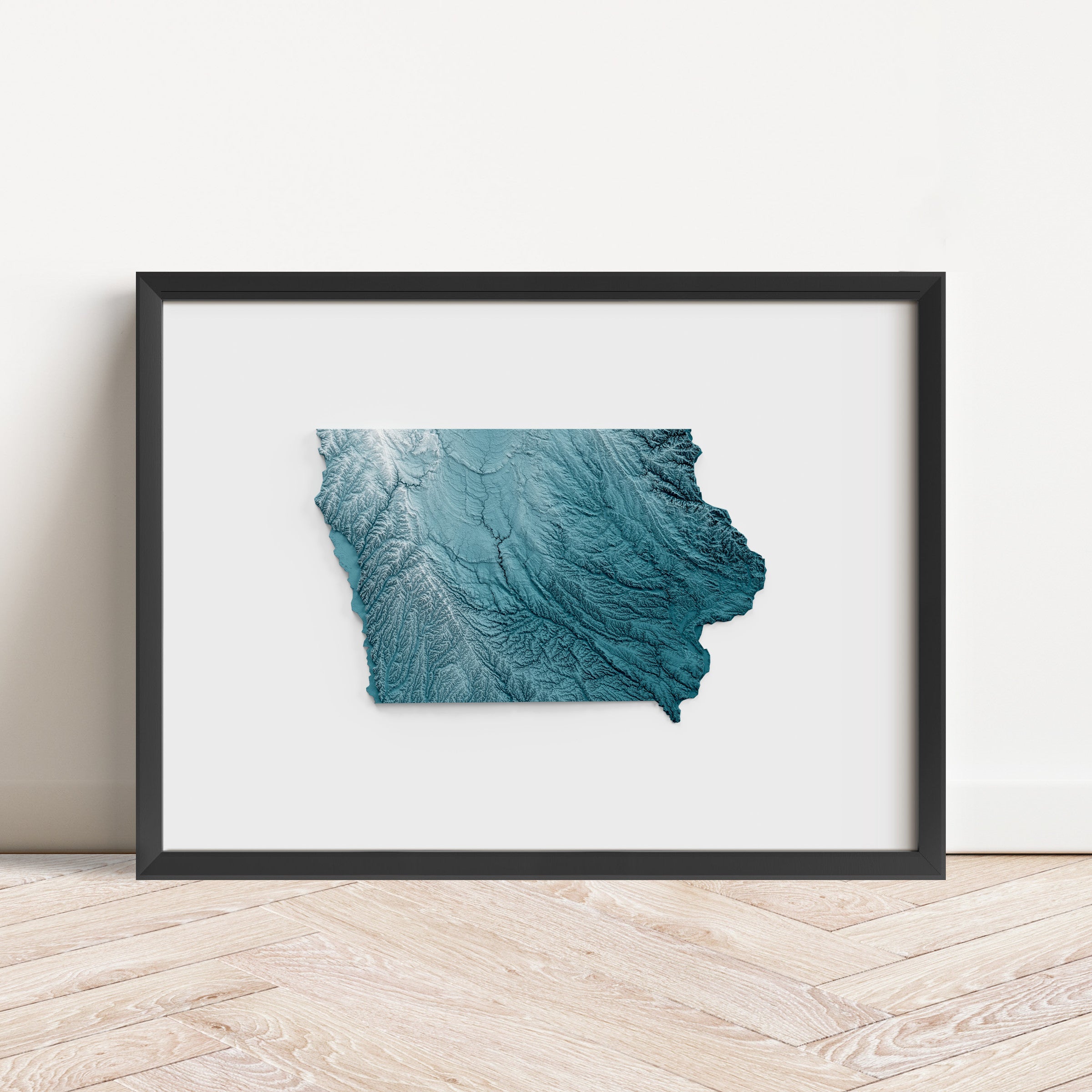 Framed minimalist elevation map of Iowa. Minimalist topographic map art featuring detailed topography, available as premium poster for home or office decor.