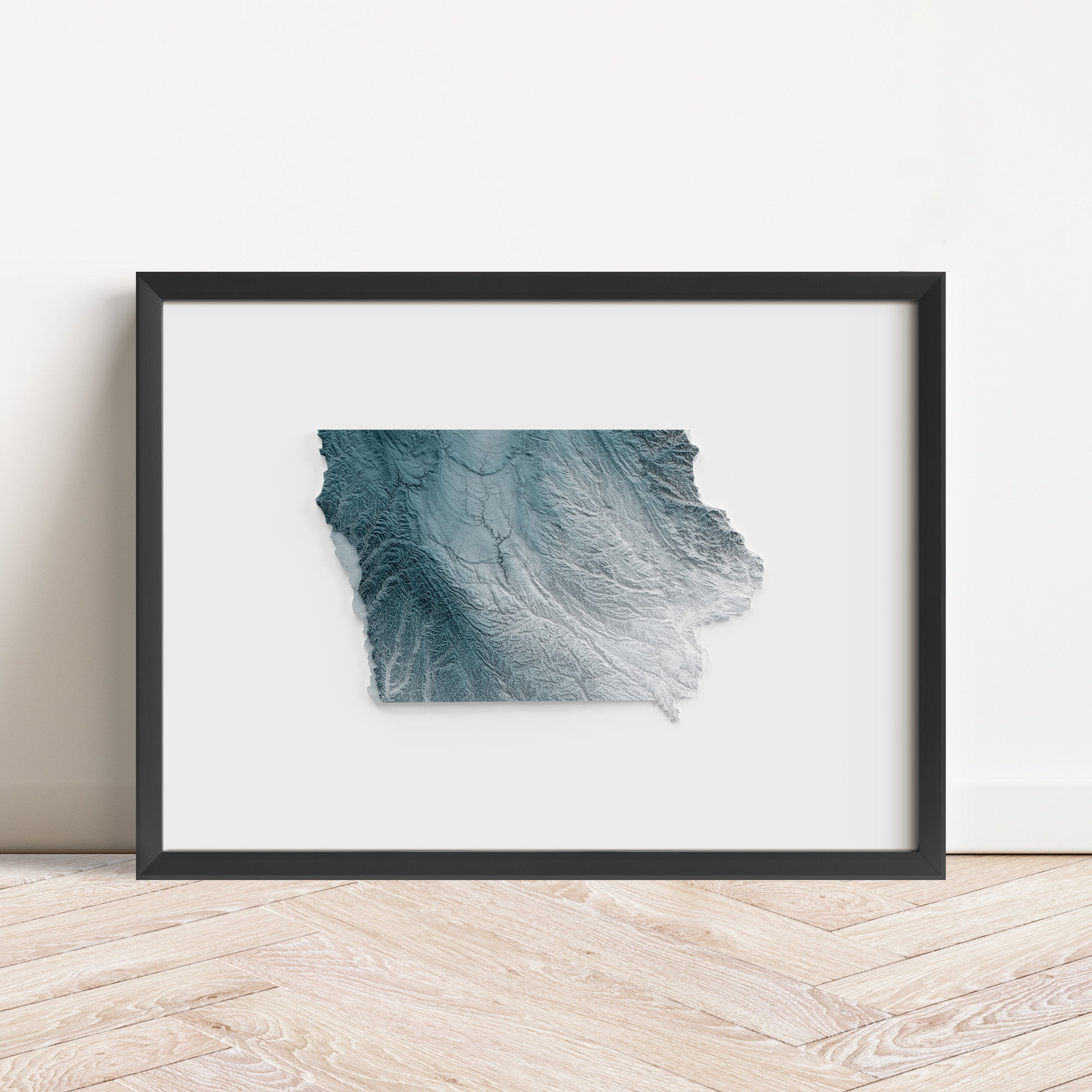 Framed minimalist elevation map of Iowa. Minimalist topographic map art featuring detailed topography, available as premium poster for home or office decor.