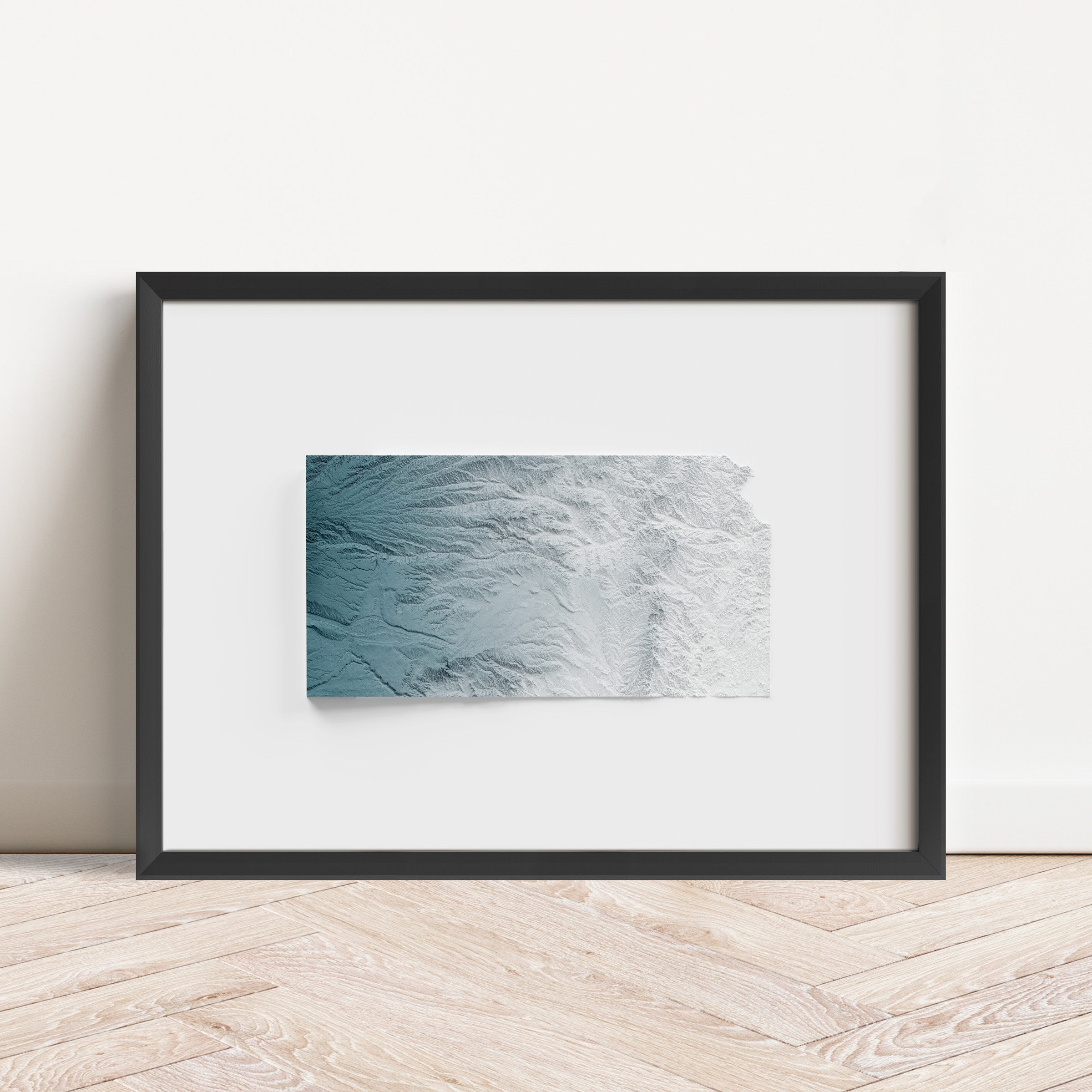 Framed minimalist elevation map of Kansas. Minimalist topographic map art featuring detailed topography, available as premium poster for home or office decor.