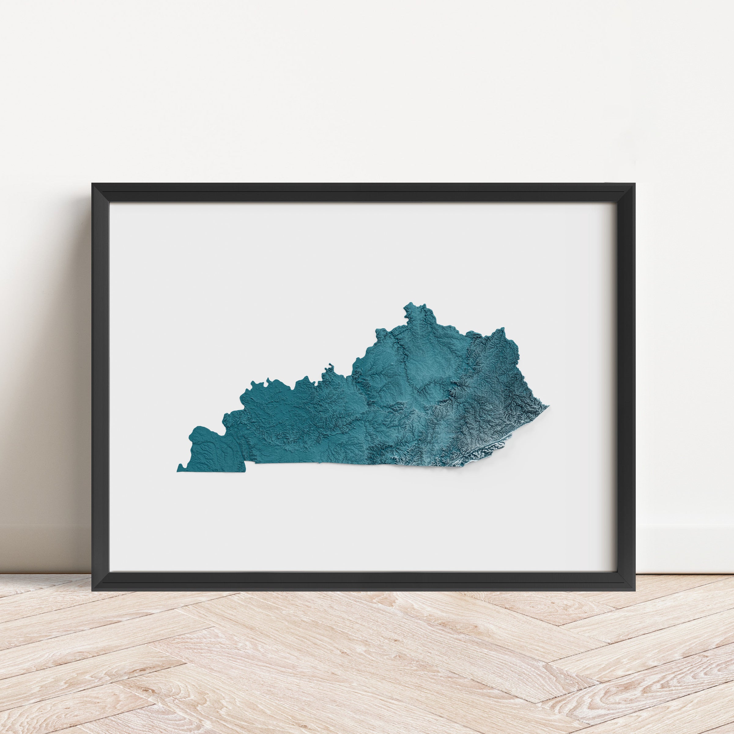 Framed minimalist elevation map of Kentucky. Minimalist topographic map art featuring detailed topography, available as premium poster for home or office decor.
