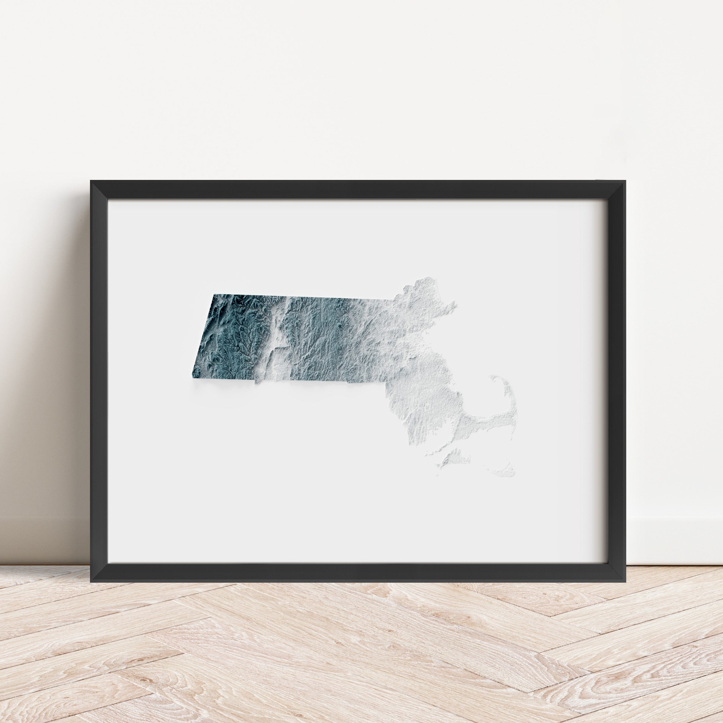 Framed minimalist elevation map of Massachusetts. Minimalist topographic map art featuring detailed topography, available as premium poster for home or office decor.