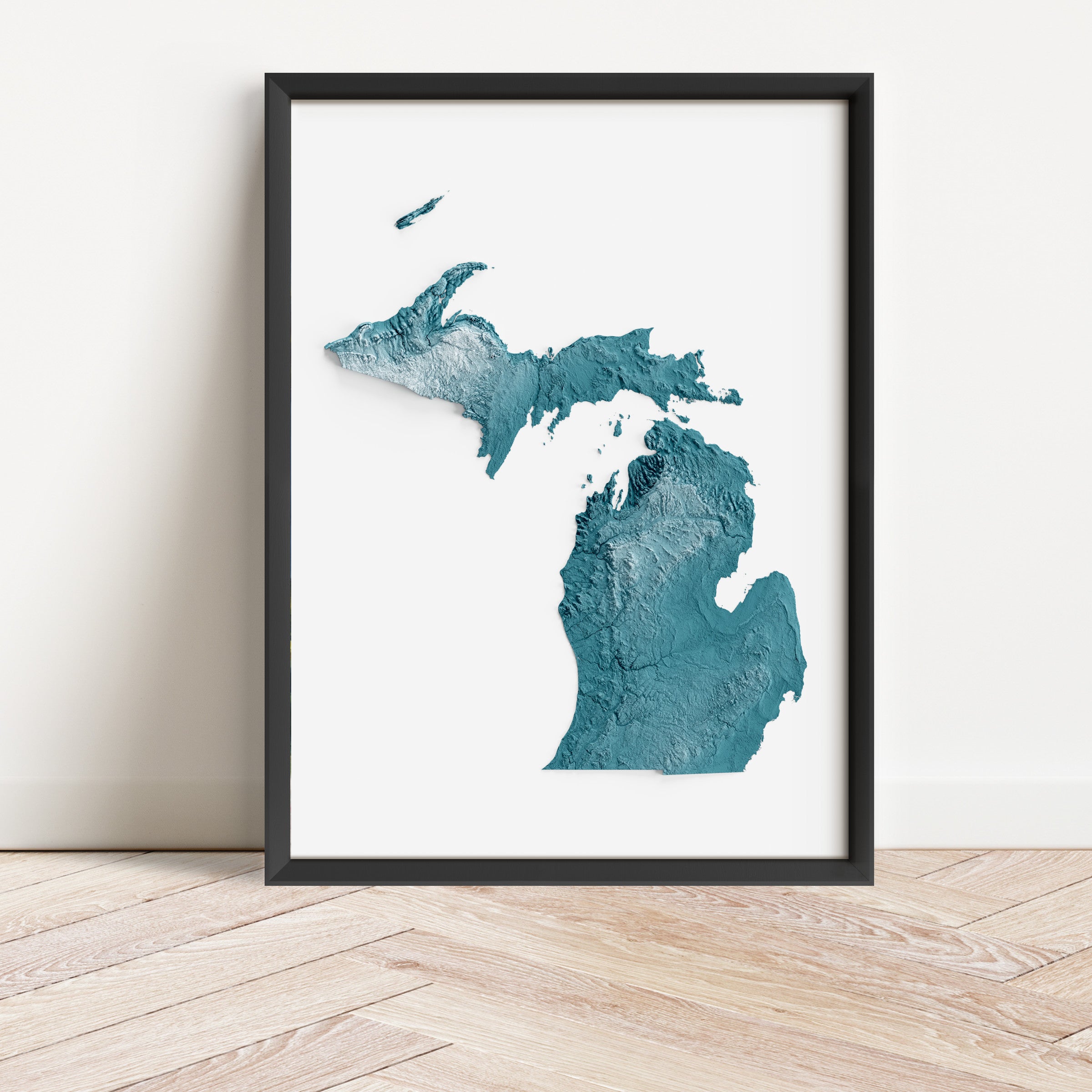 Framed minimalist elevation map of Michigan. Minimalist topographic map art featuring detailed topography, available as premium poster for home or office decor.