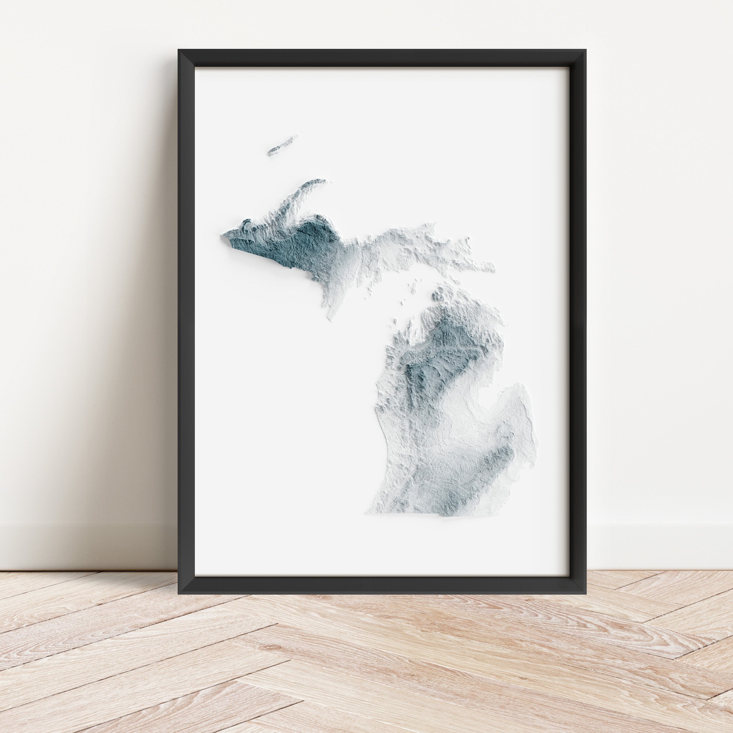 Framed minimalist elevation map of Michigan. Minimalist topographic map art featuring detailed topography, available as premium poster for home or office decor.
