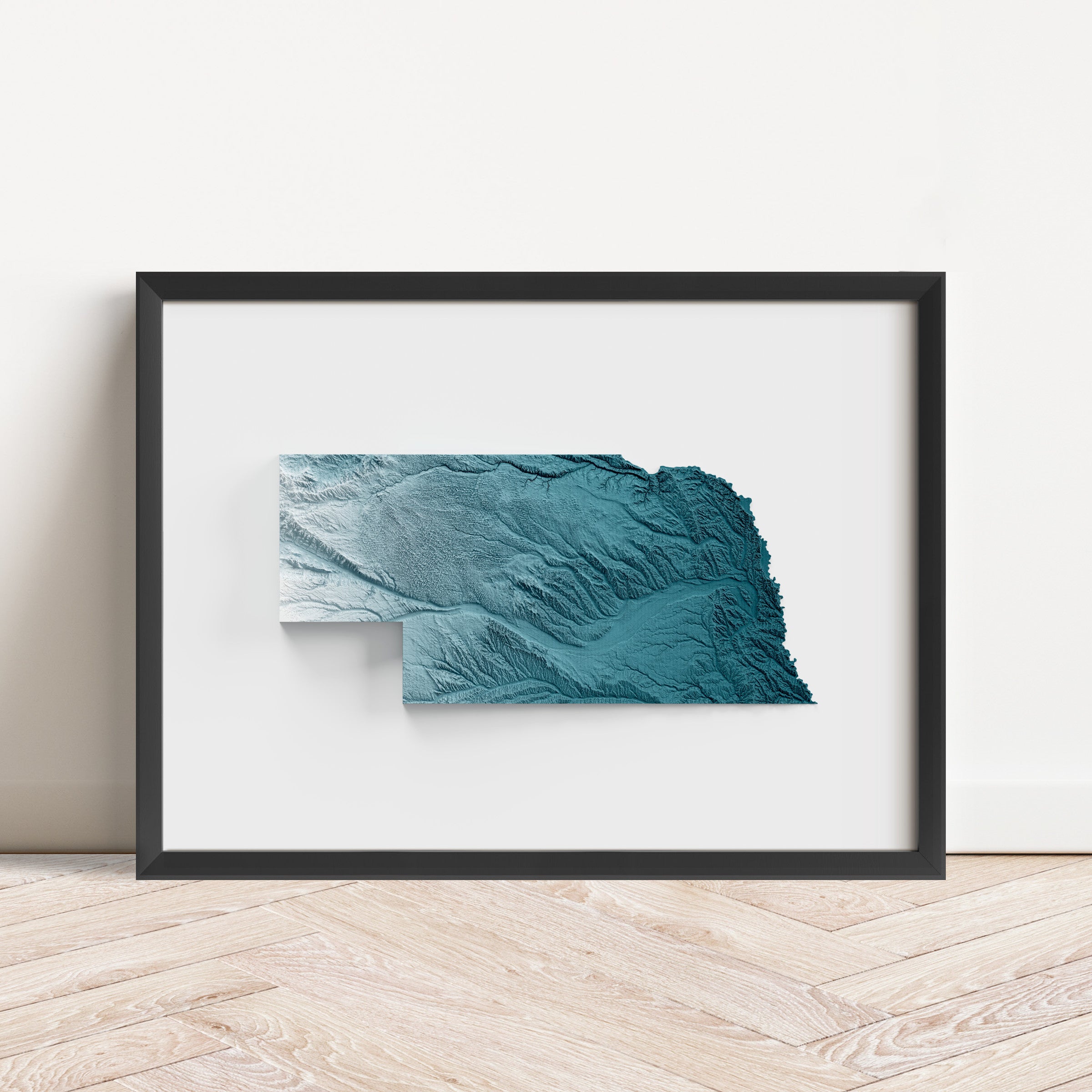 Framed minimalist elevation map of Nebraska. Minimalist topographic map art featuring detailed topography, available as premium poster for home or office decor.