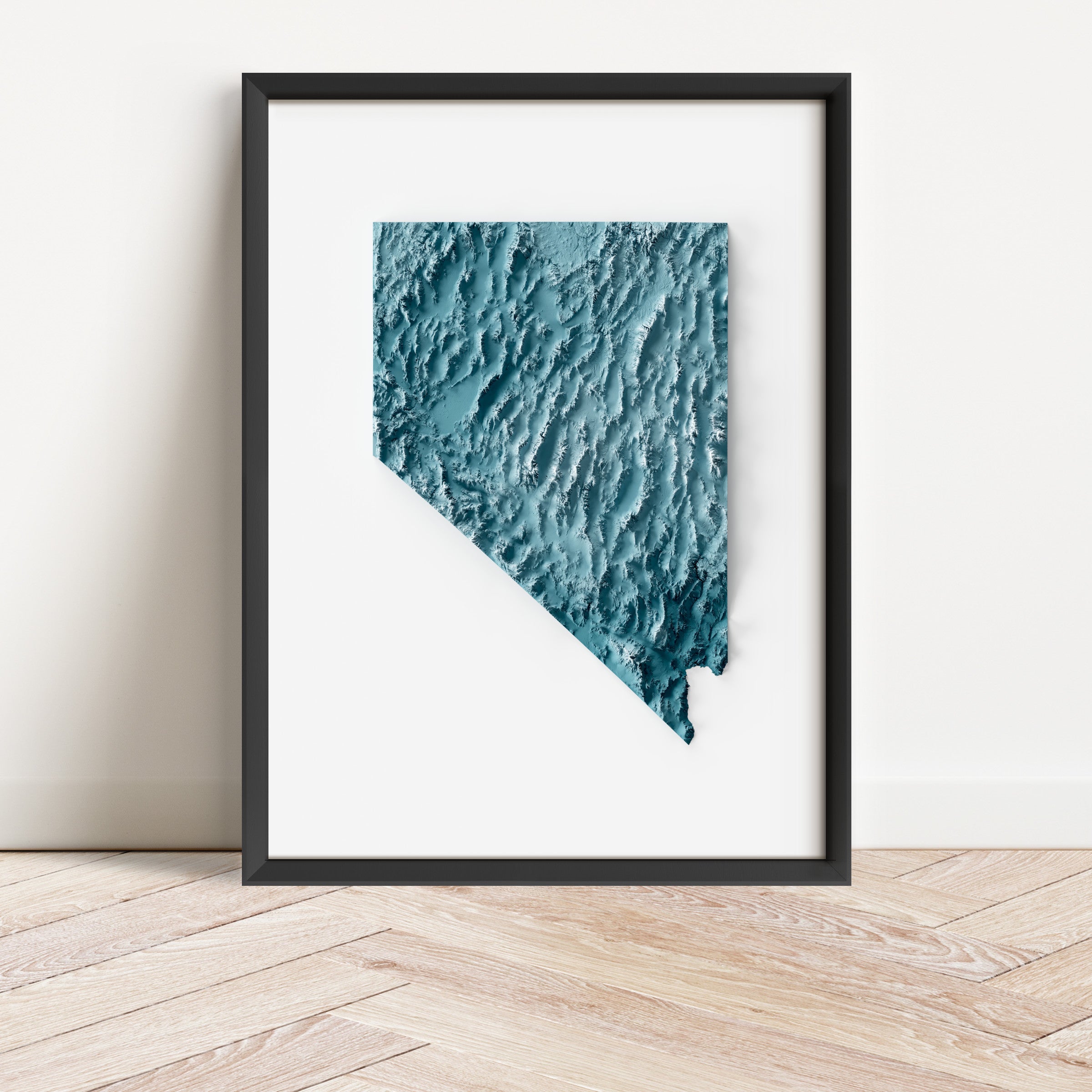 Framed minimalist elevation map of Nevada. Minimalist topographic map art featuring detailed topography, available as premium poster for home or office decor.