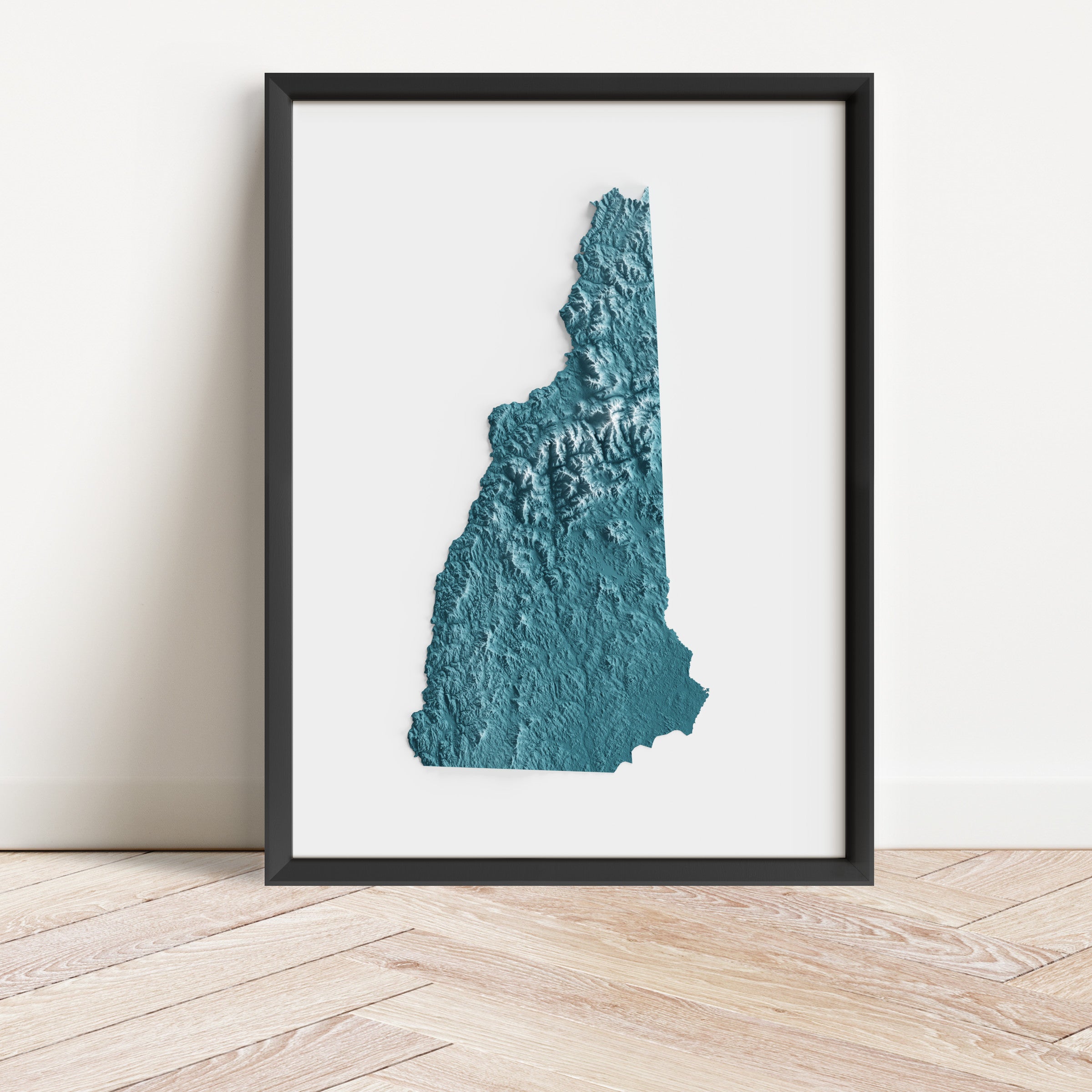 Framed minimalist elevation map of New Hampshire. Minimalist topographic map art featuring detailed topography, available as premium poster for home or office decor.