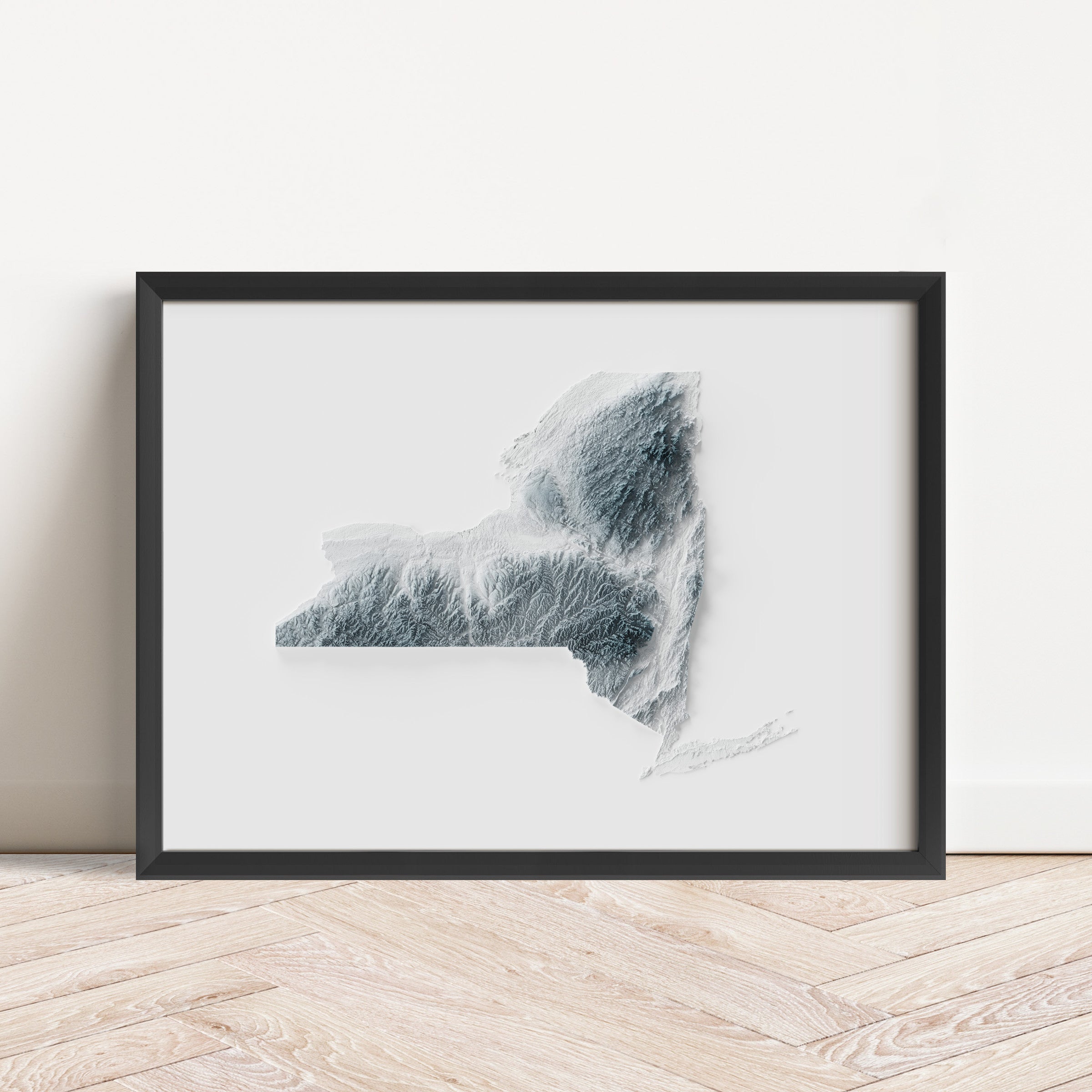 Framed minimalist elevation map of the State of New York. Minimalist topographic map art featuring detailed topography, available as premium poster for home or office decor.