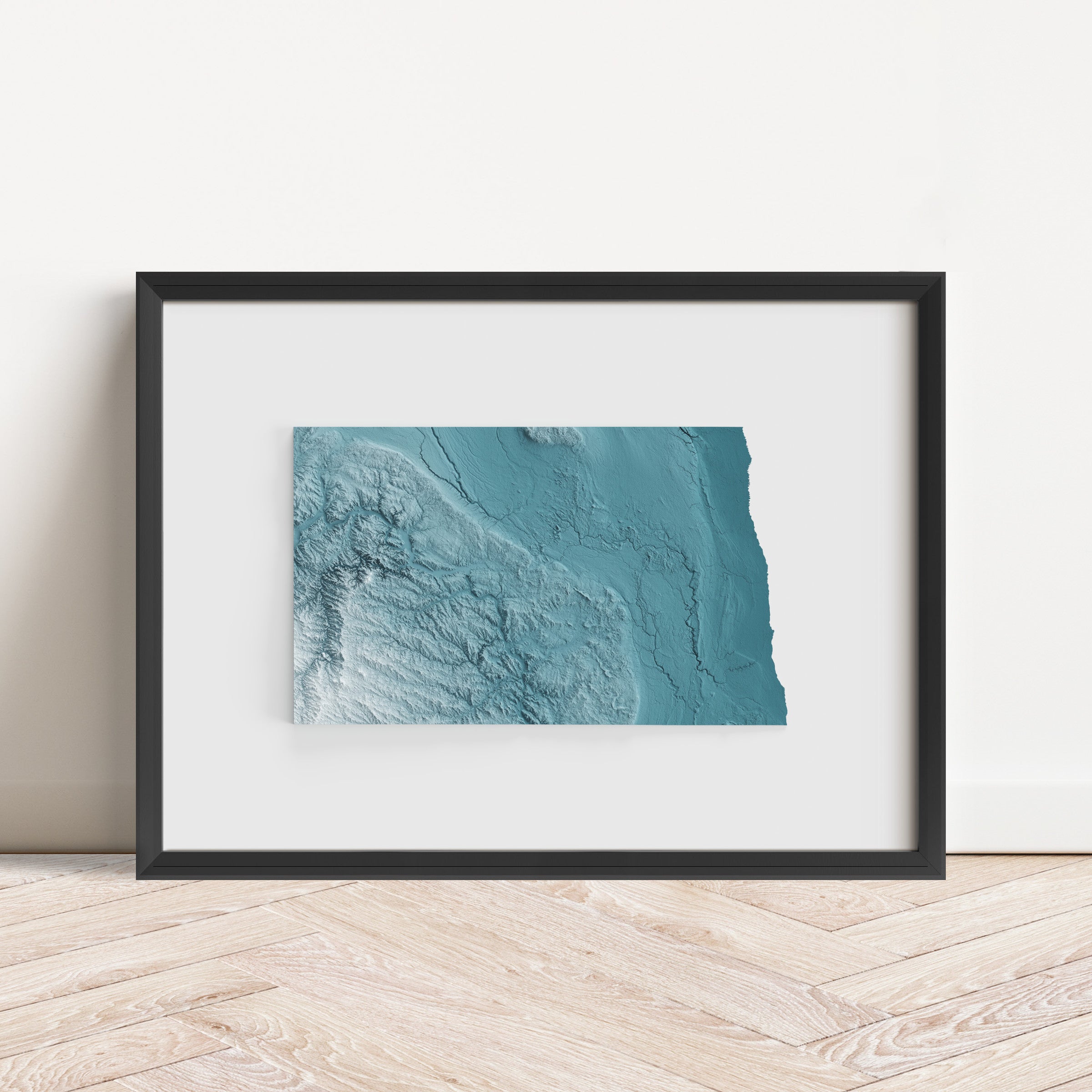 Framed minimalist elevation map of North Dakota. Minimalist topographic map art featuring detailed topography, available as premium poster for home or office decor.