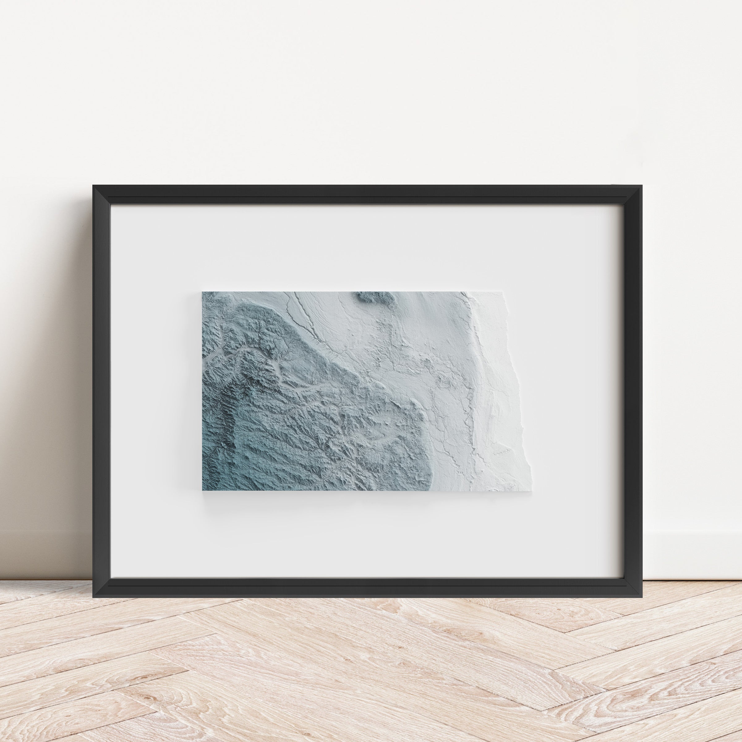 Framed minimalist elevation map of North Dakota. Minimalist topographic map art featuring detailed topography, available as premium poster for home or office decor.