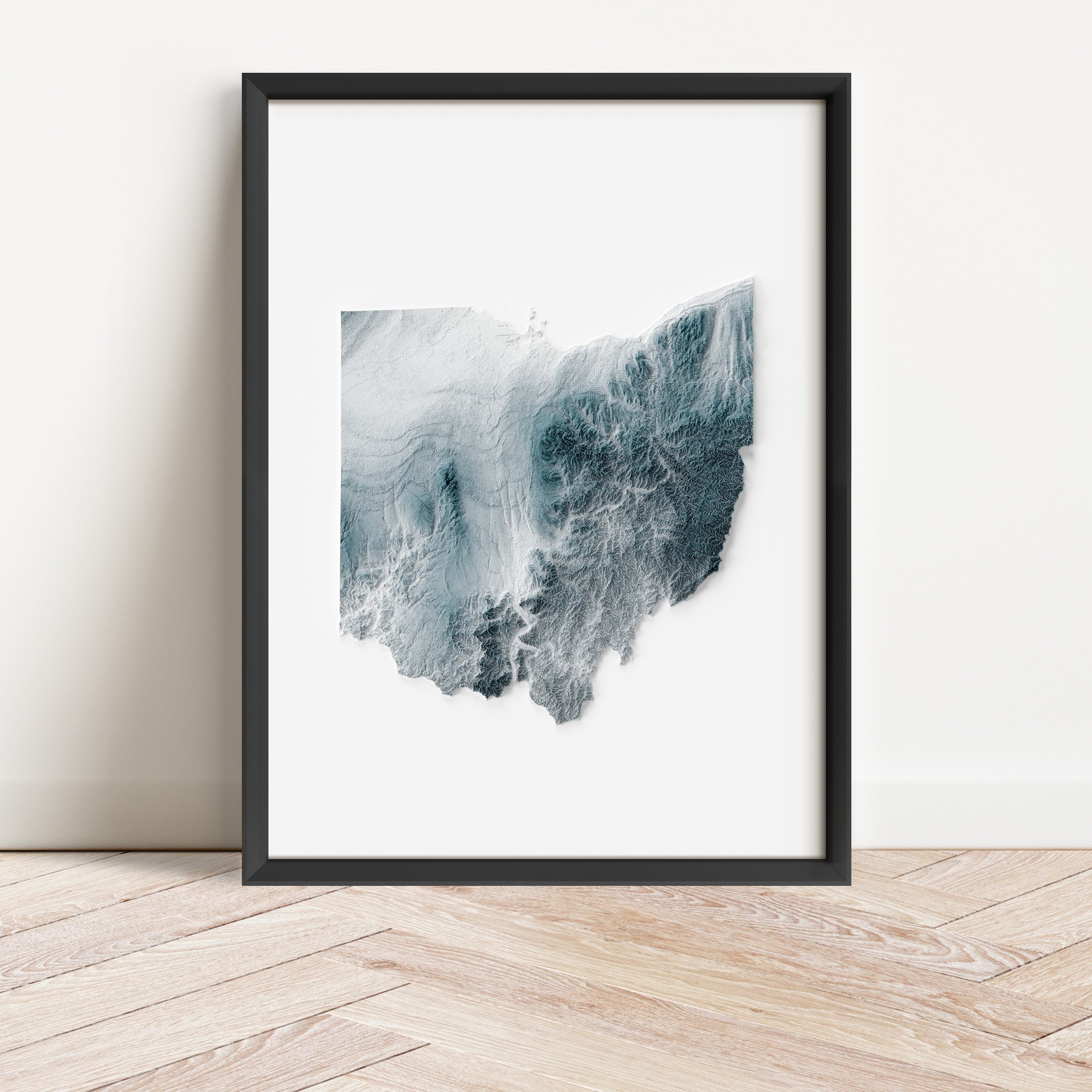 Framed minimalist elevation map of Ohio. Minimalist topographic map art featuring detailed topography, available as premium poster for home or office decor.