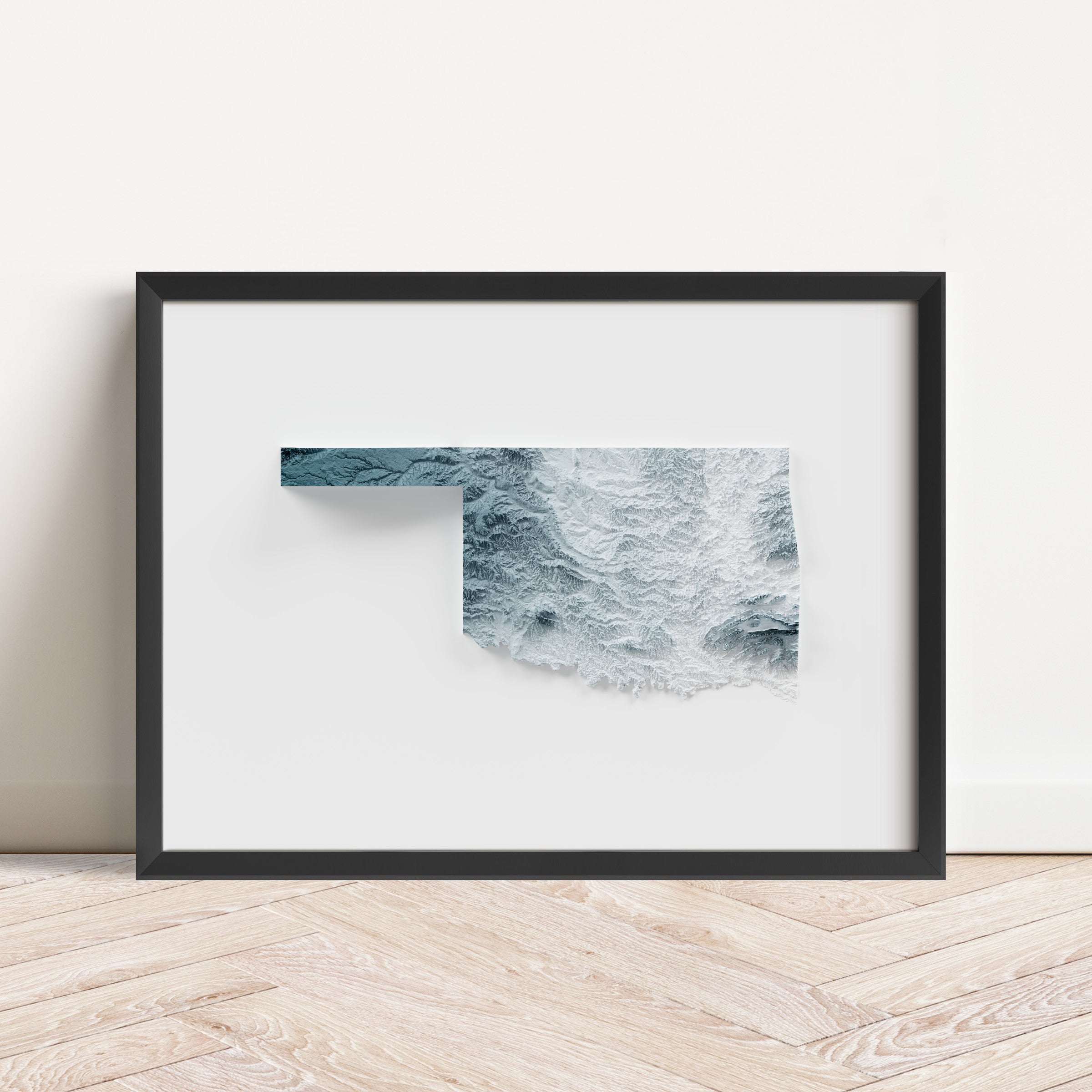 Framed minimalist elevation map of Oklahoma. Minimalist topographic map art featuring detailed topography, available as premium poster for home or office decor.