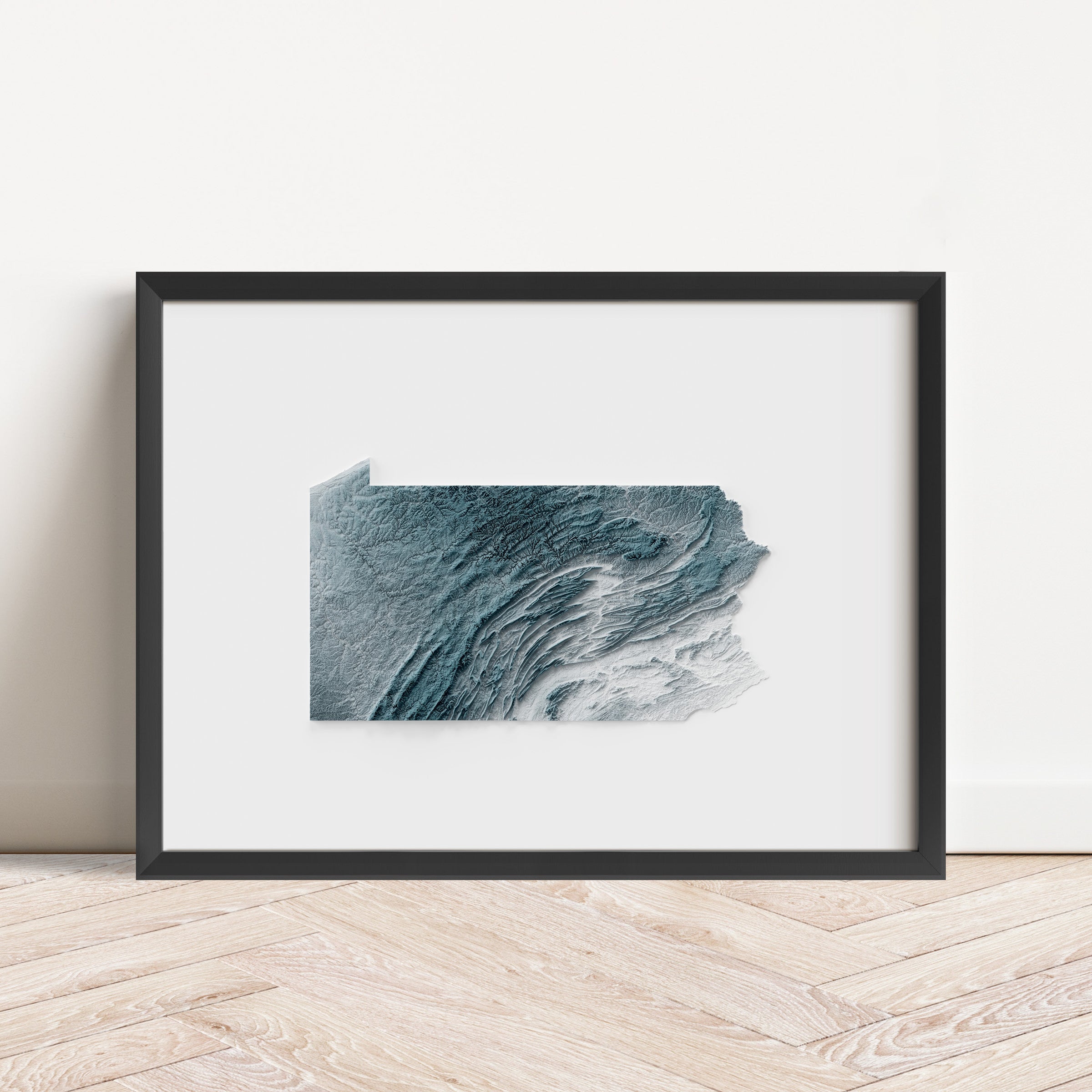 Framed minimalist elevation map of Pennsylvania. Minimalist topographic map art featuring detailed topography, available as premium poster for home or office decor.