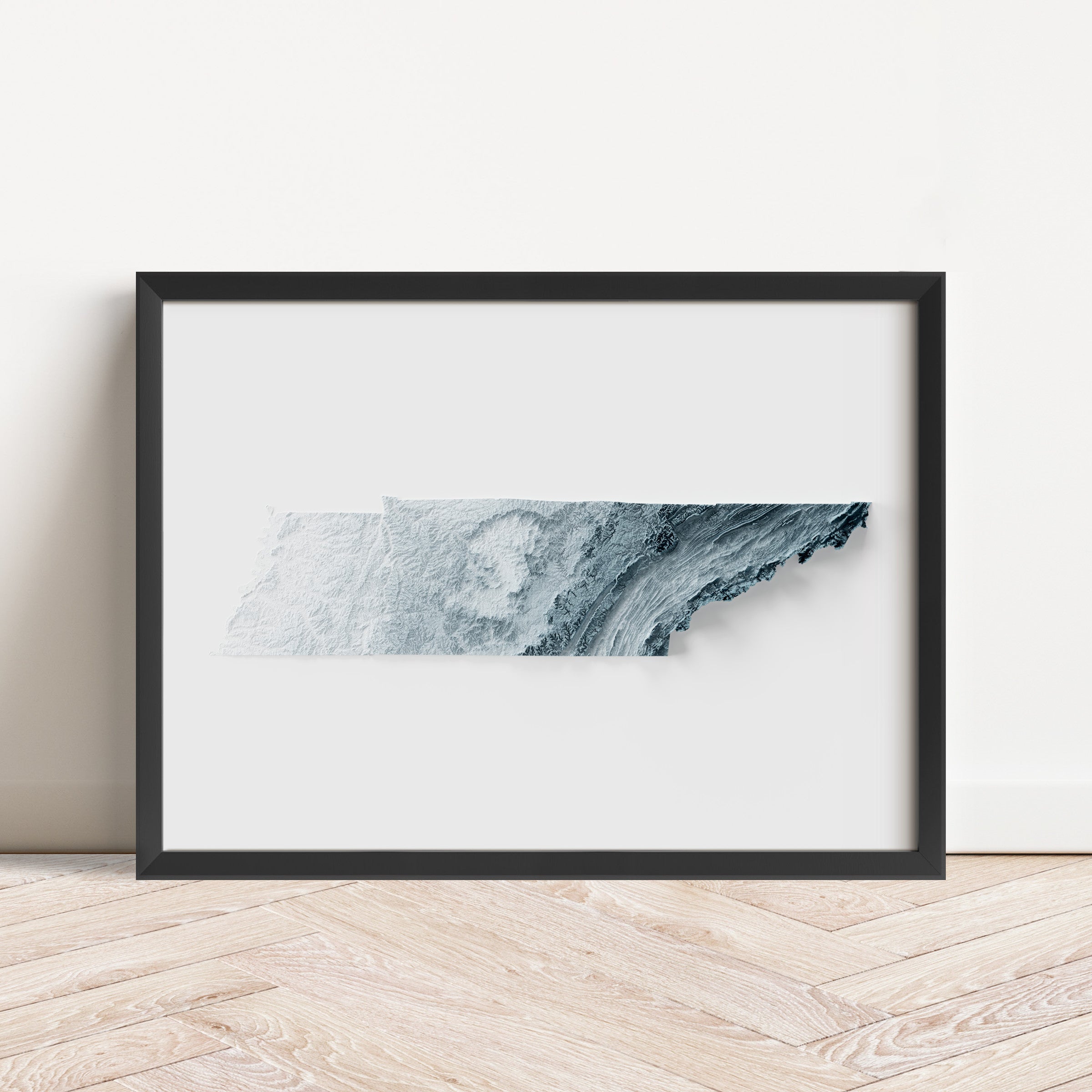 Framed minimalist elevation map of Tennessee. Minimalist topographic map art featuring detailed topography, available as premium poster for home or office decor.