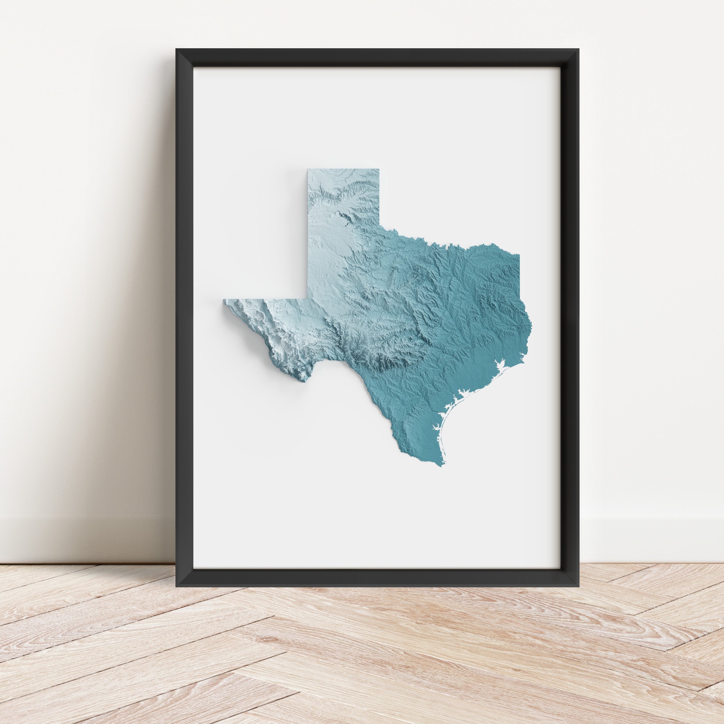 Framed minimalist elevation map of Texas. Minimalist topographic map art featuring detailed topography, available as premium poster for home or office decor.