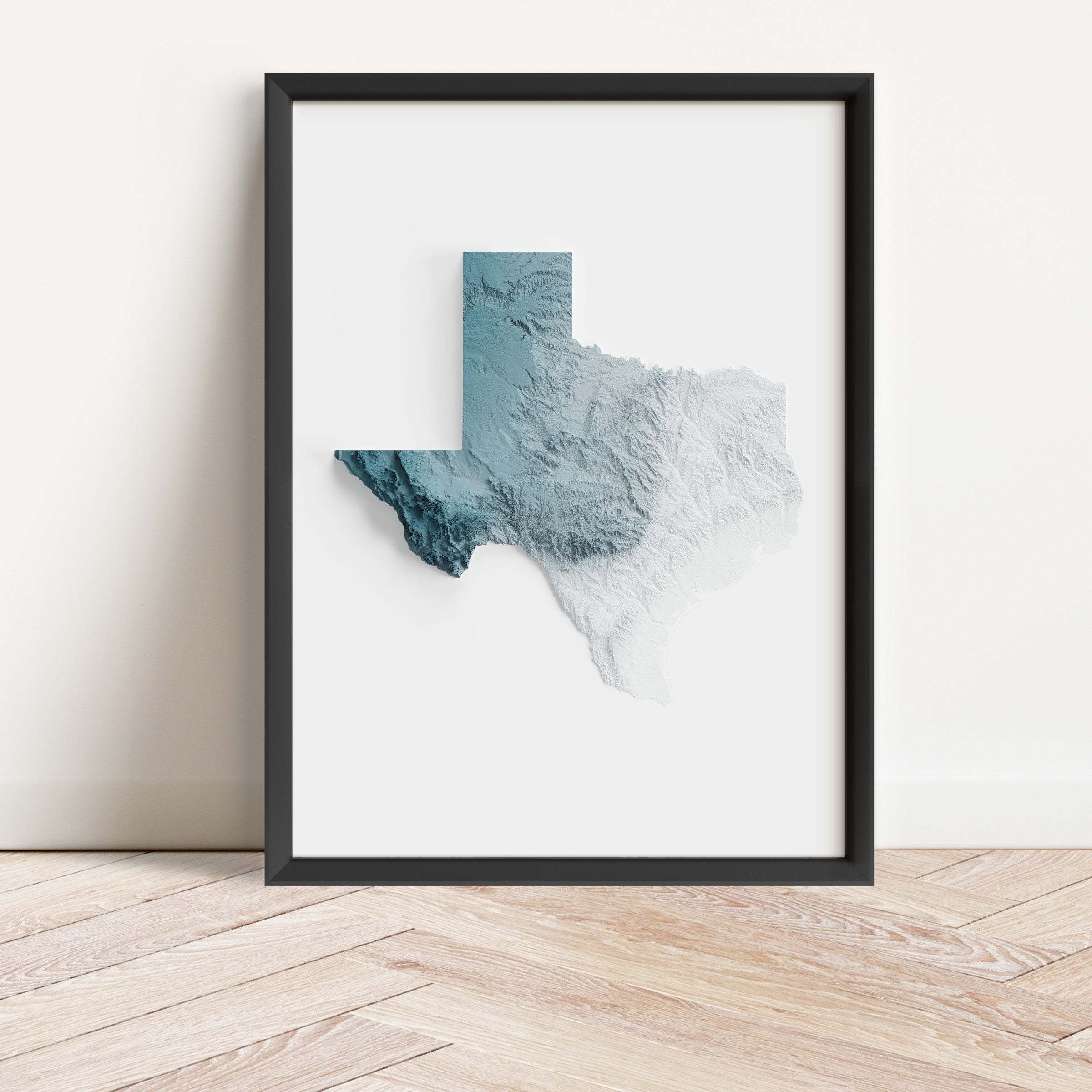 Framed minimalist elevation map of Texas. Minimalist topographic map art featuring detailed topography, available as premium poster for home or office decor.