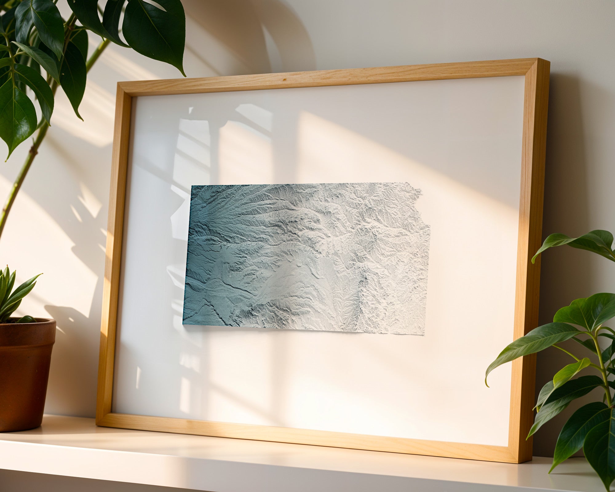 Kansas Map Print – Minimalist Elevation Design (White Style)