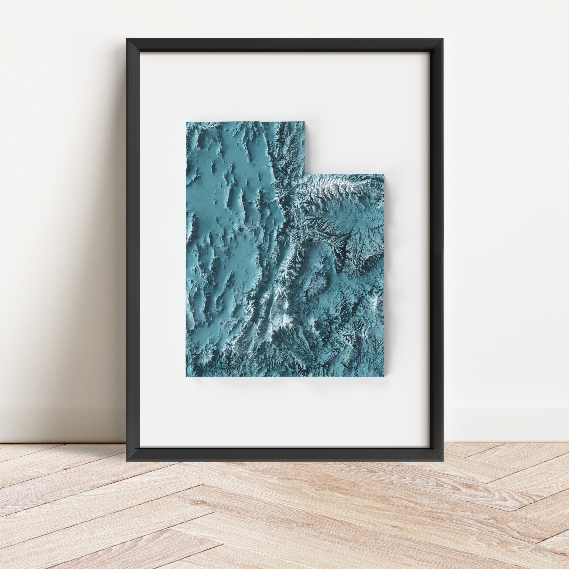 Framed minimalist elevation map of Utah. Minimalist topographic map art featuring detailed topography, available as premium poster for home or office decor.