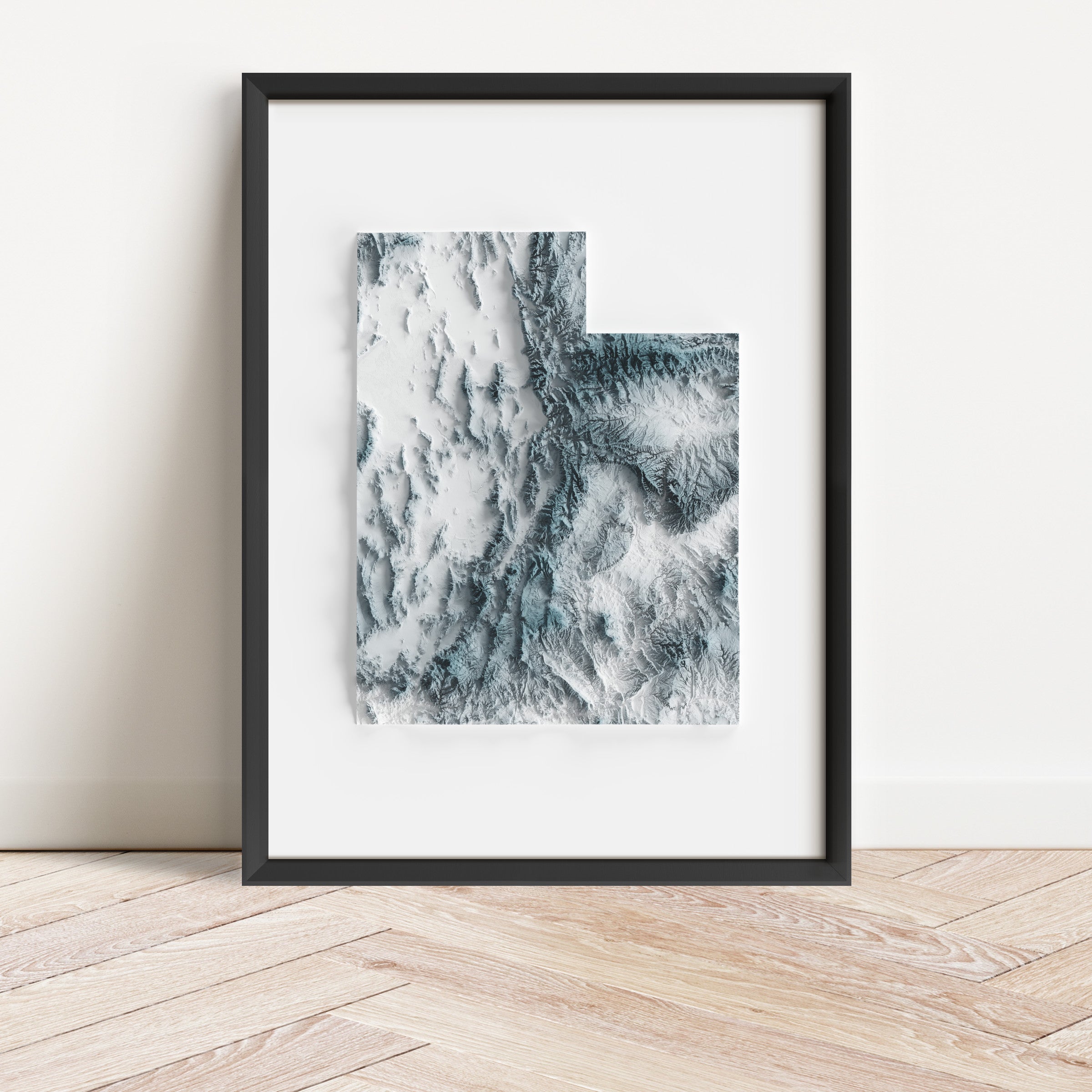 Framed minimalist elevation map of Utah. Minimalist topographic map art featuring detailed topography, available as premium poster for home or office decor.