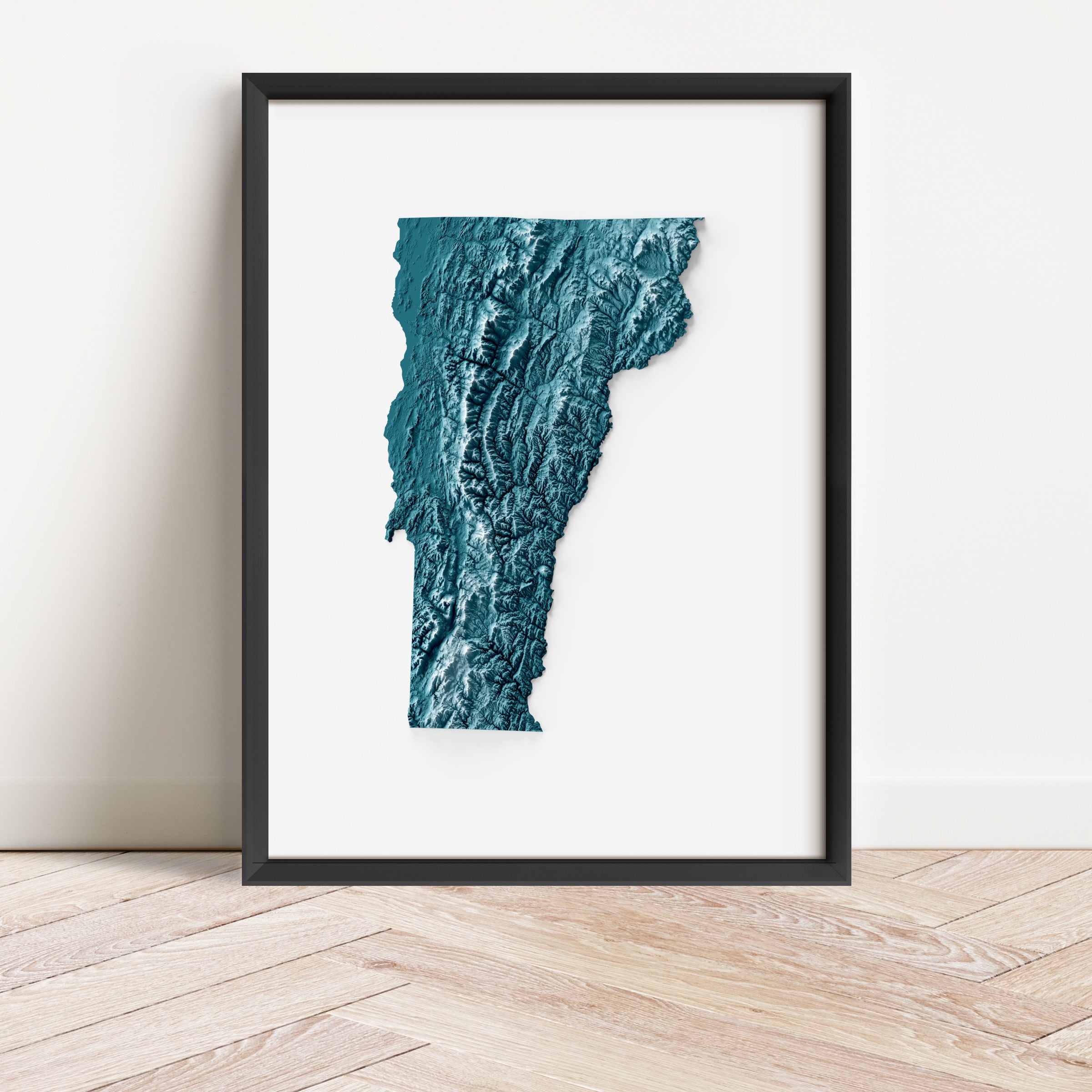 Framed minimalist elevation map of Vermont. Minimalist topographic map art featuring detailed topography, available as premium poster for home or office decor.