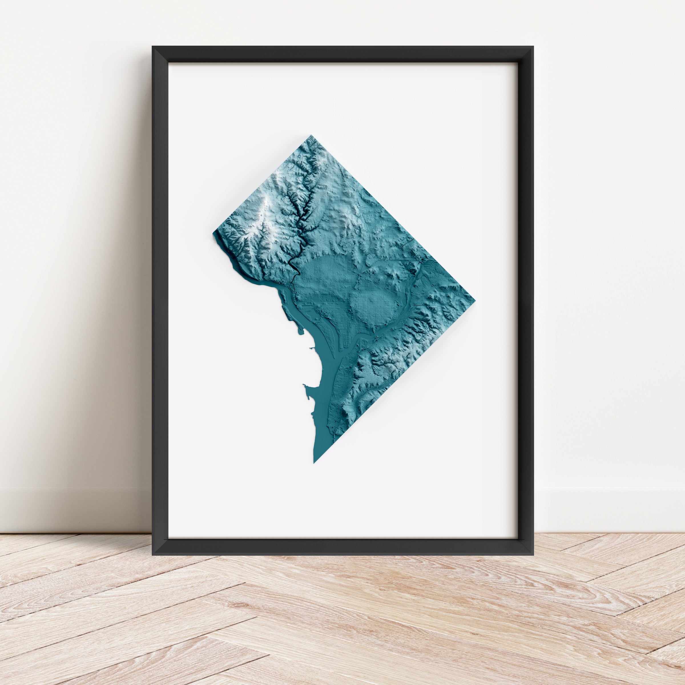 Framed minimalist elevation map of Washington DC. Minimalist topographic map art featuring detailed topography, available as premium poster for home or office decor.