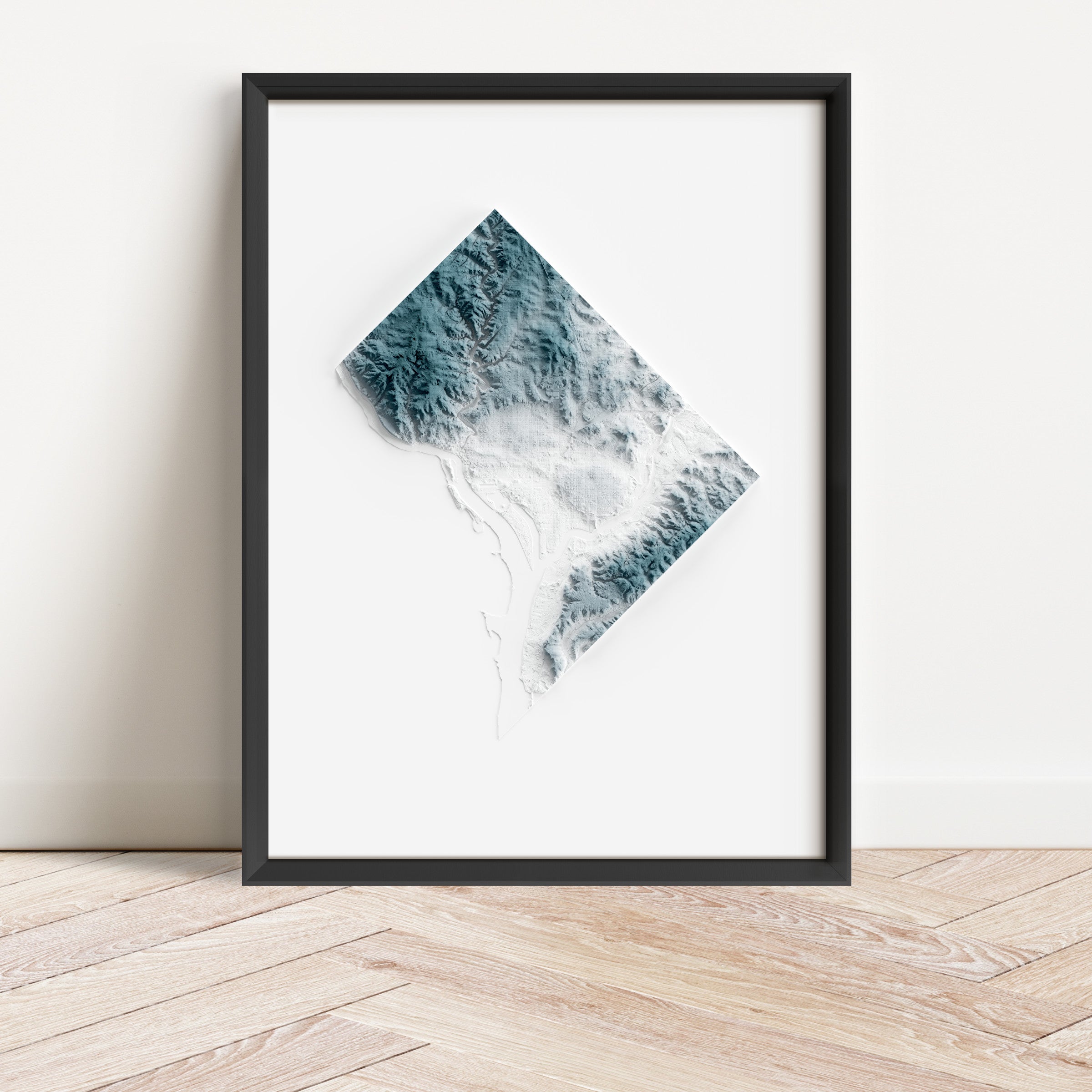 Framed minimalist elevation map of Washington DC. Minimalist topographic map art featuring detailed topography, available as premium poster for home or office decor.