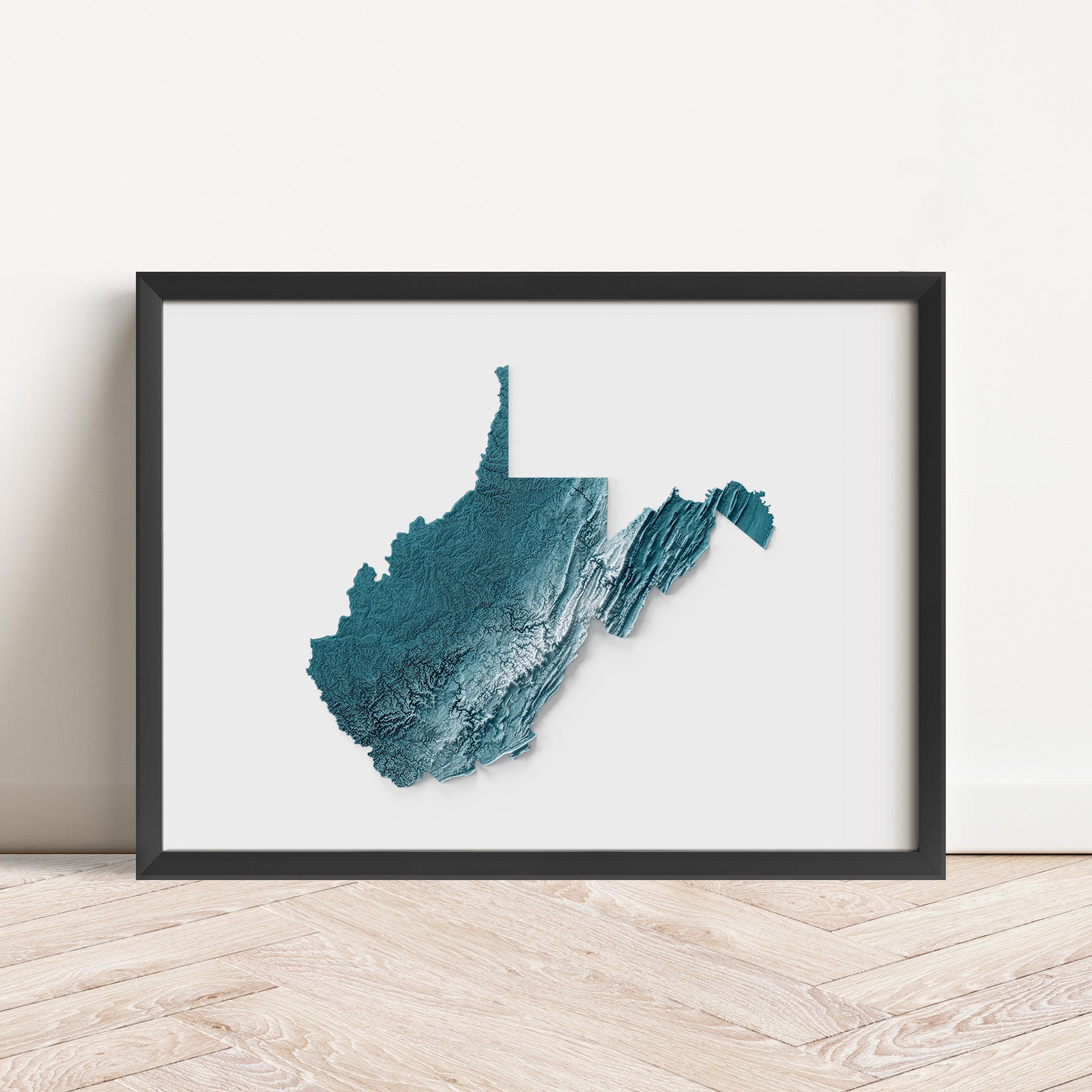 Framed minimalist elevation map of West Virginia. Minimalist topographic map art featuring detailed topography, available as premium poster for home or office decor.
