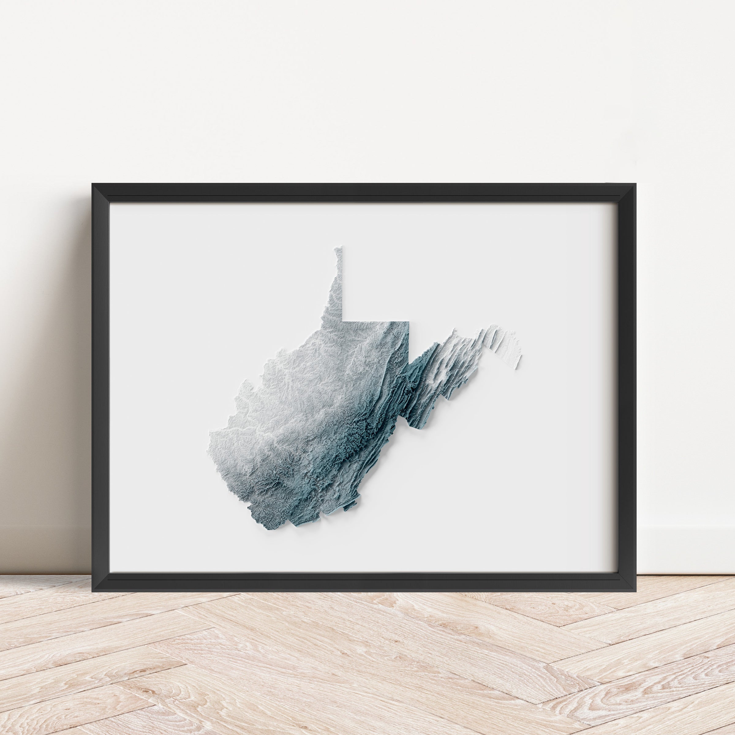 Framed minimalist elevation map of West Virginia. Minimalist topographic map art featuring detailed topography, available as premium poster for home or office decor.