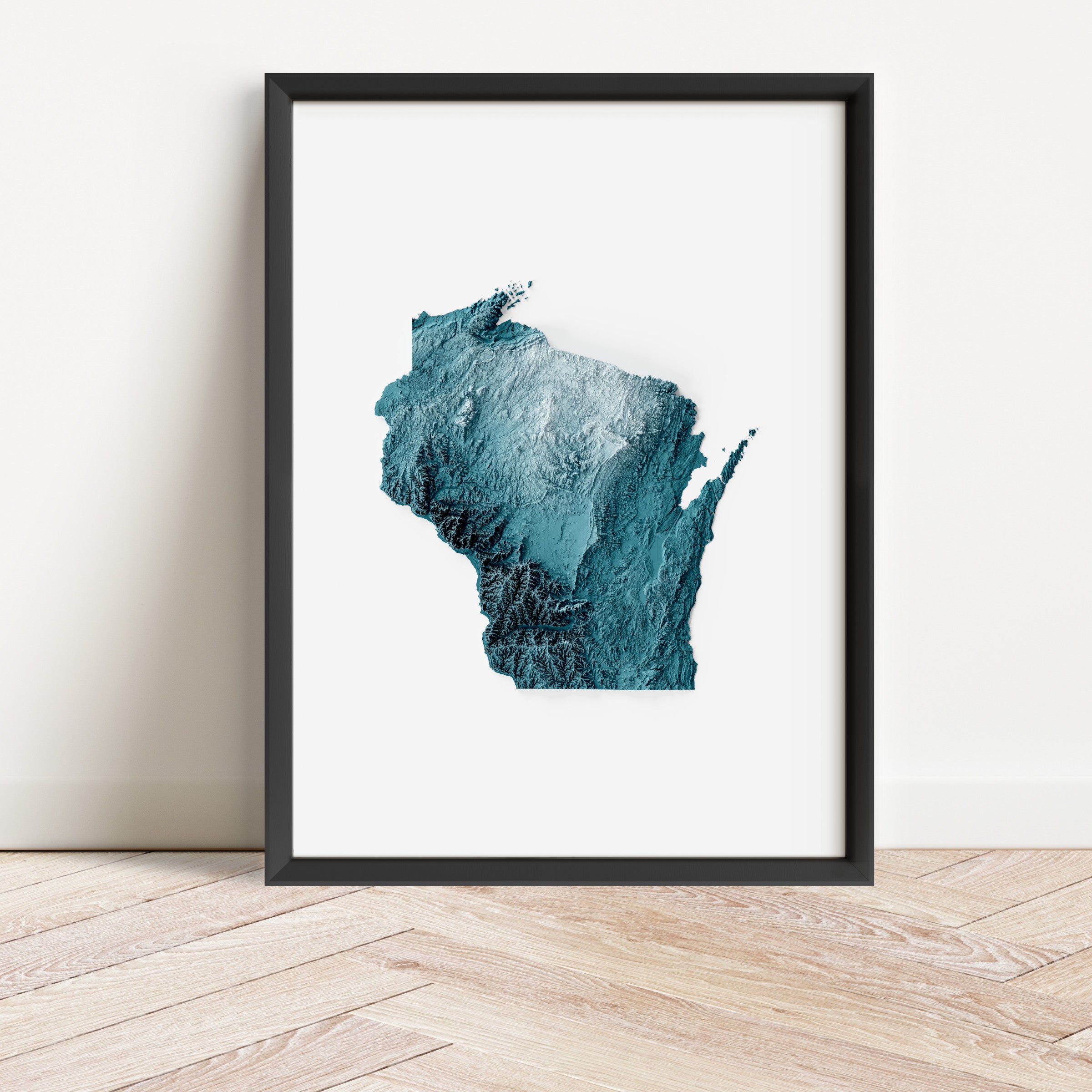Framed minimalist elevation map of Wisconsin. Minimalist topographic map art featuring detailed topography, available as premium poster for home or office decor.