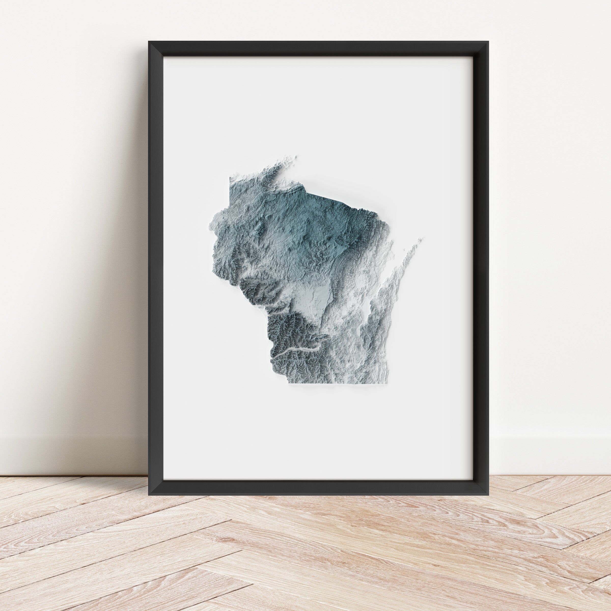 Framed minimalist elevation map of Wisconsin. Minimalist topographic map art featuring detailed topography, available as premium poster for home or office decor.