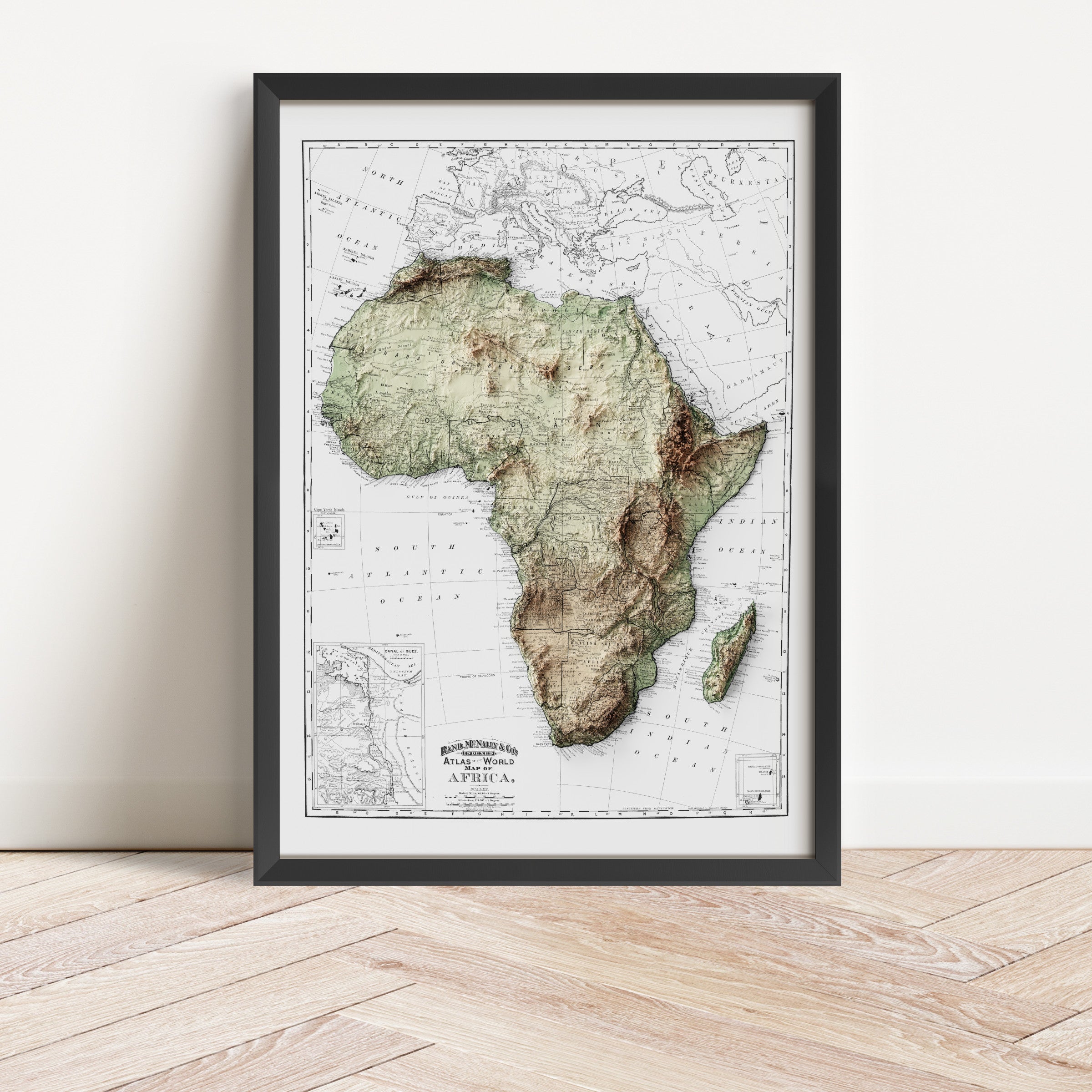 Framed vintage Africa elevation map print from 1895, digitally restored. Antique wall art featuring detailed topography, available as premium poster for home or office decor.