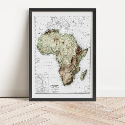Framed vintage Africa elevation map print from 1895, digitally restored. Antique wall art featuring detailed topography, available as premium poster for home or office decor.