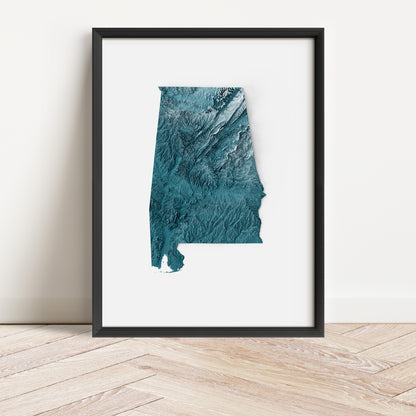 Framed minimalist elevation map of Alabama. Minimalist topographic map art featuring detailed topography, available as premium poster for home or office decor.