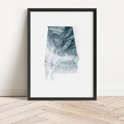 Framed minimalist elevation map of Alabama. Minimalist topographic map art featuring detailed topography, available as premium poster for home or office decor.