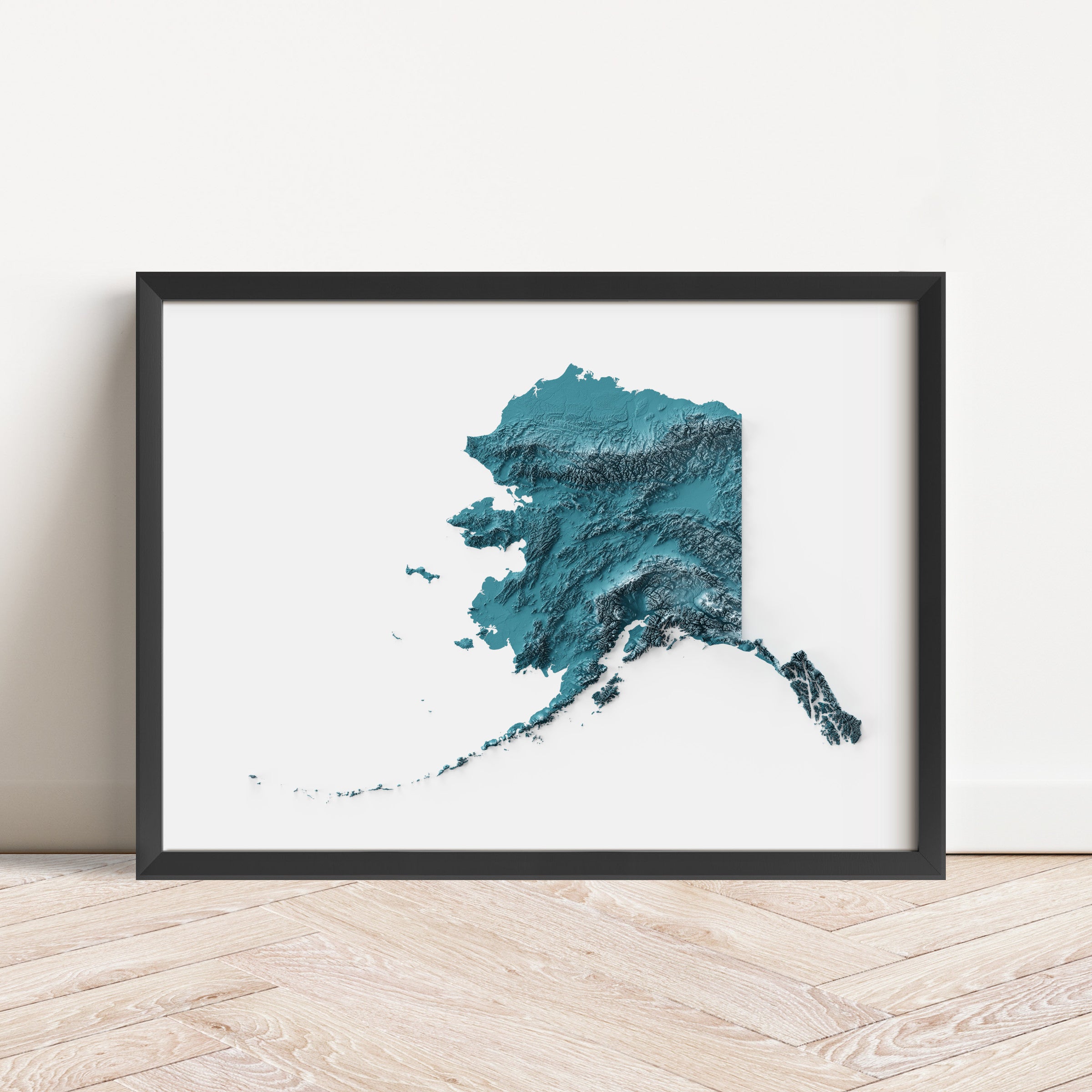Framed minimalist elevation map of Alaska. Minimalist topographic map art featuring detailed topography, available as premium poster for home or office decor.