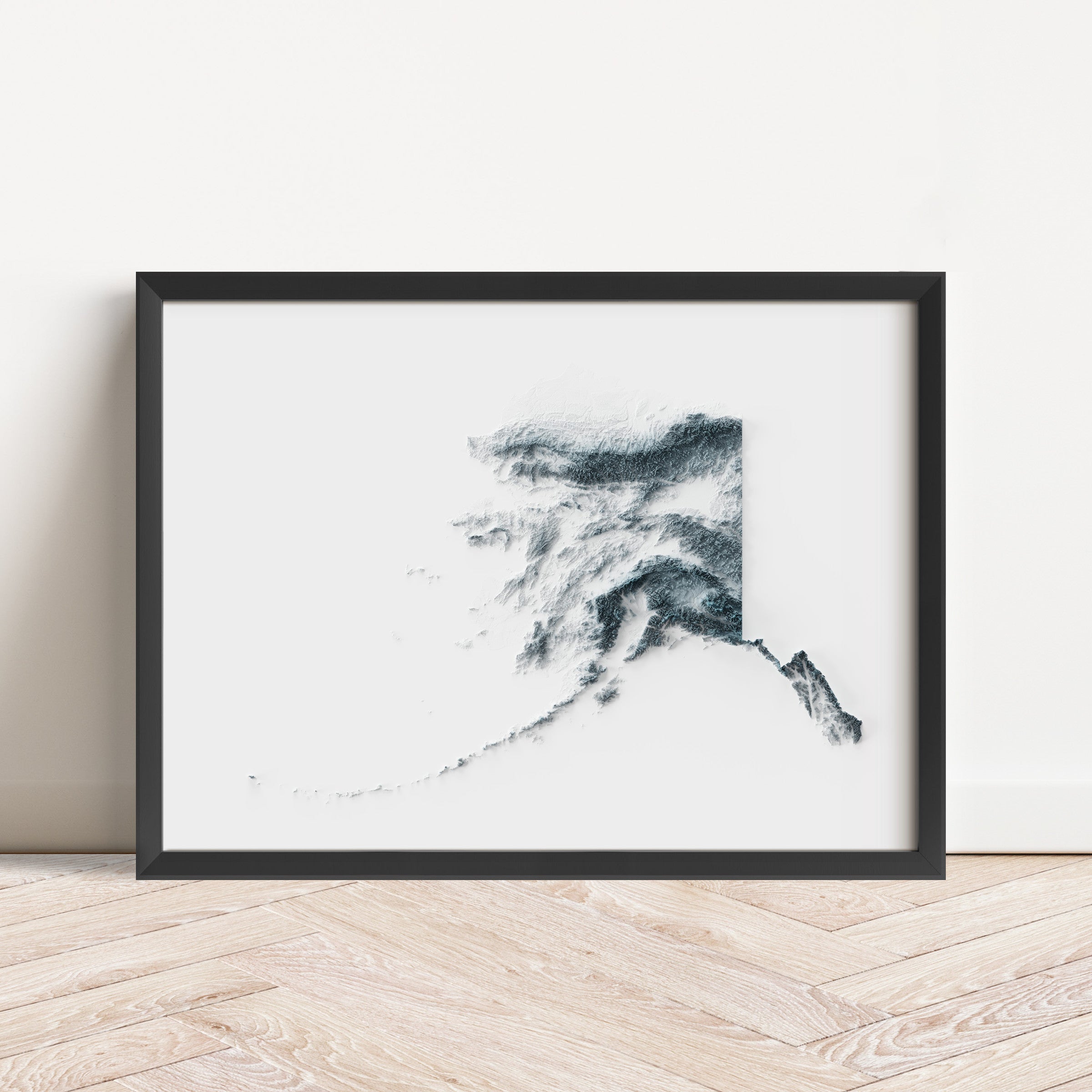 Framed minimalist elevation map of Alaska. Minimalist topographic map art featuring detailed topography, available as premium poster for home or office decor.