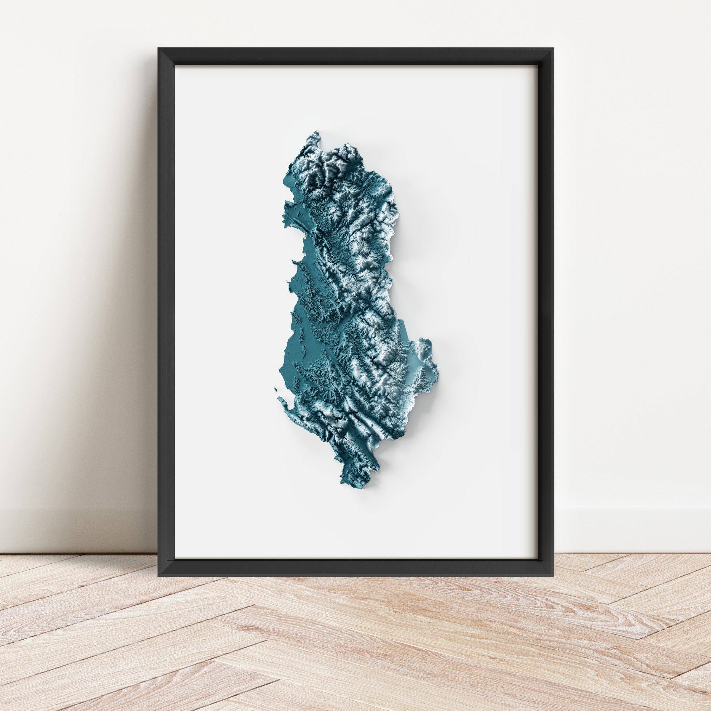 Framed minimalist elevation map of Albania. Minimalist topographic map art featuring detailed topography, available as premium poster for home or office decor.