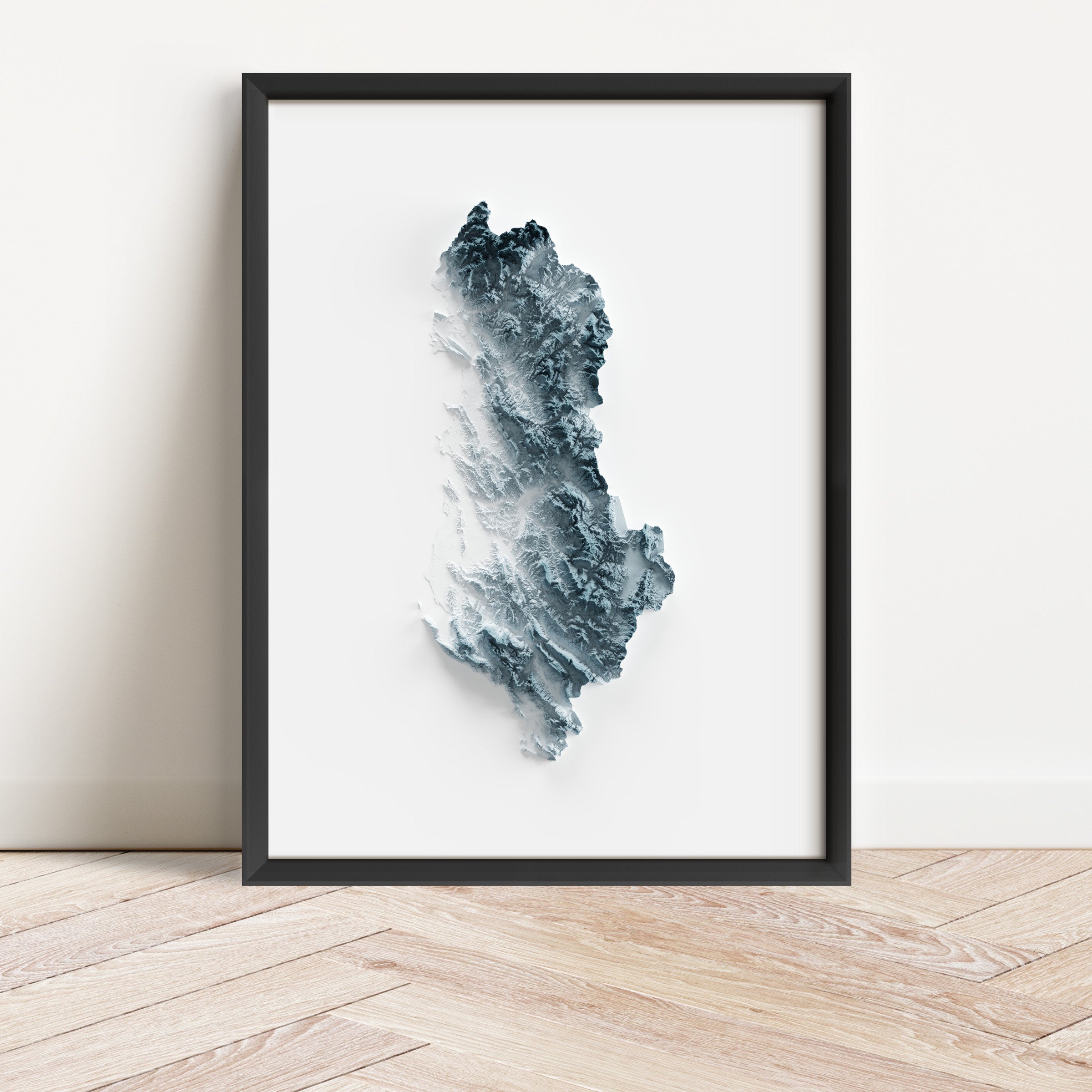 Framed minimalist elevation map of Albania. Minimalist topographic map art featuring detailed topography, available as premium poster for home or office decor.